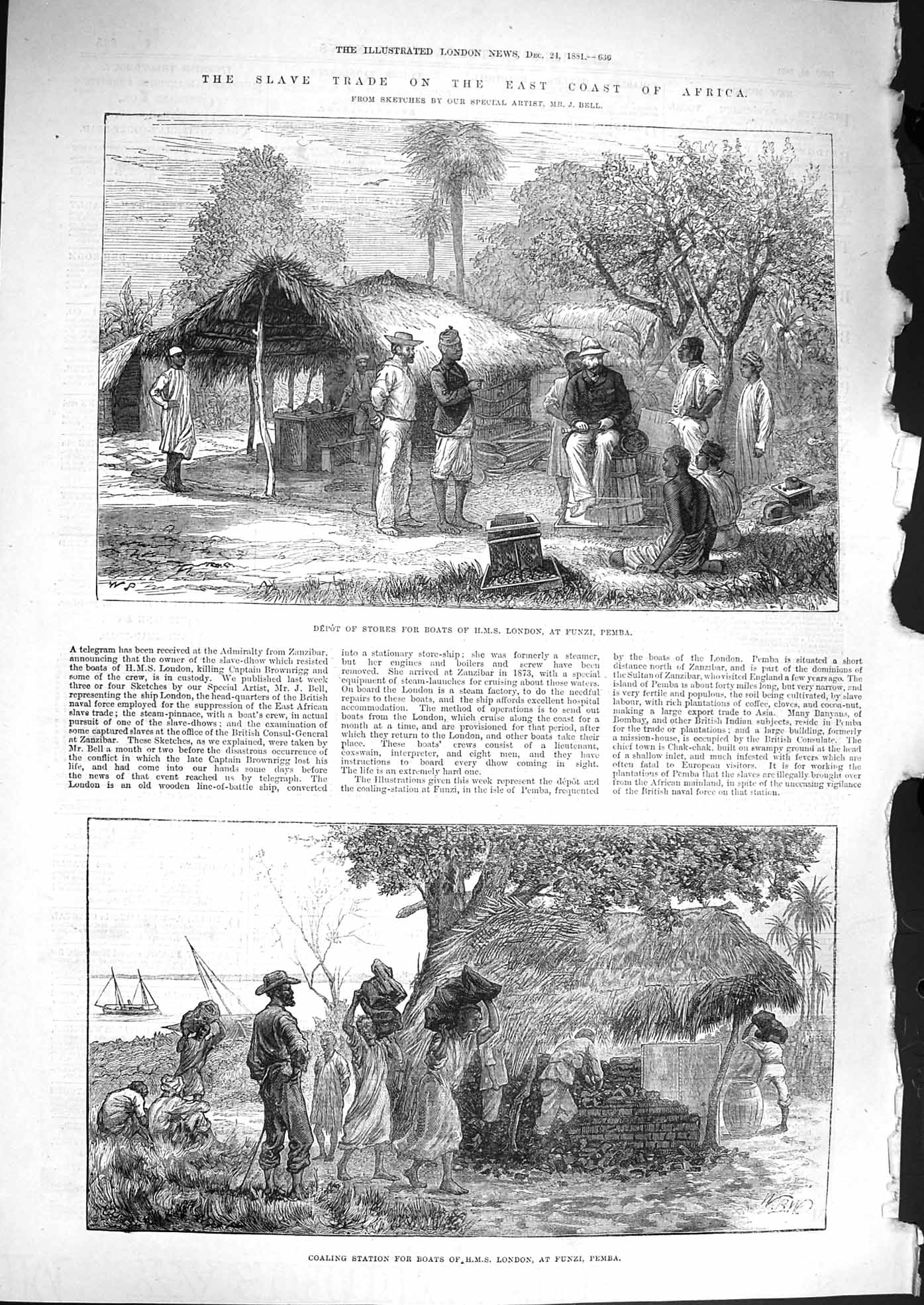 Original Old Antique Print 1881 Slave Africa Coaling Station Ship London Funzi