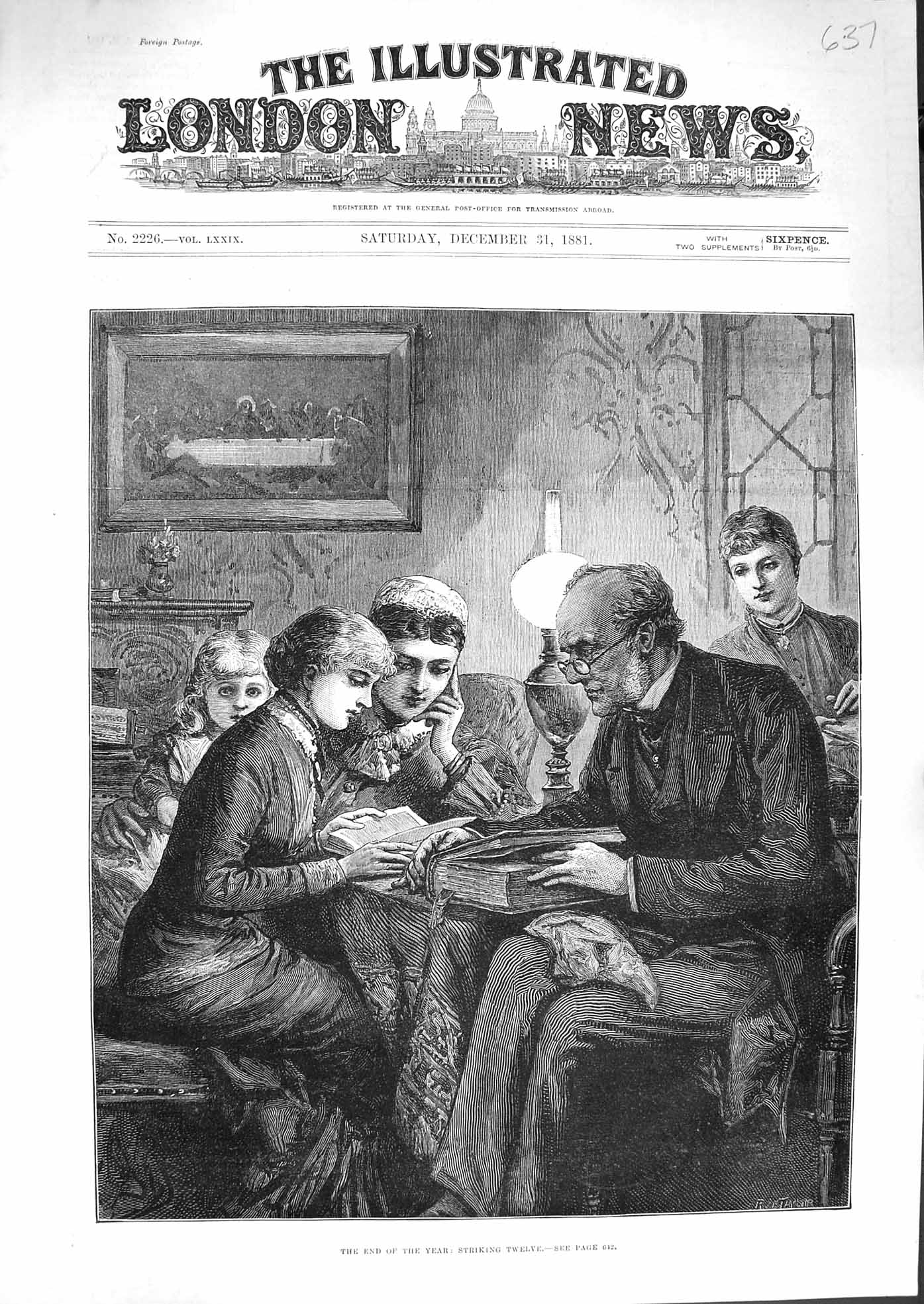 Original Old Antique Print 1881 New Year'S Eve Scene Clock Striking Twelve 19th