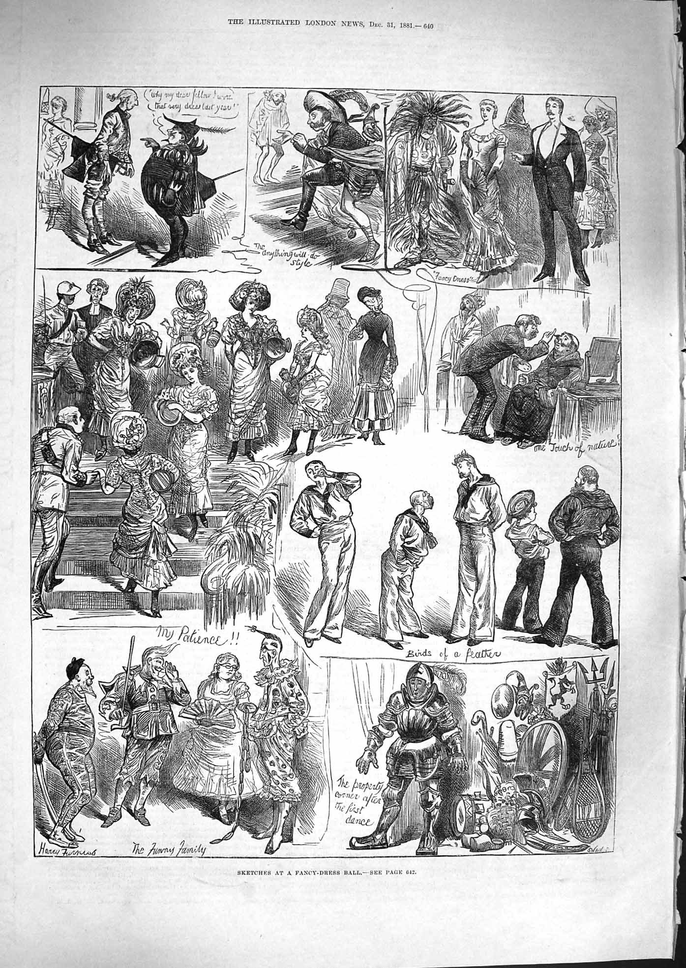 Original Old Antique Print 1881 Fancy Dress Balll Costumes Knight Sailors Clown