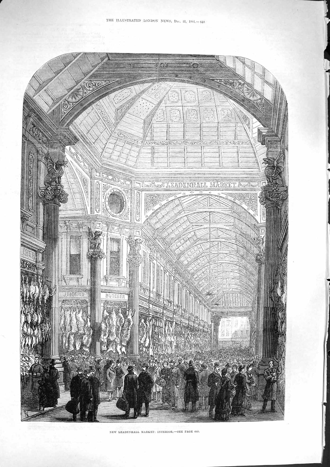 Old Antique Print 1881 Interior Leadenhall Market Building Architecture 19th