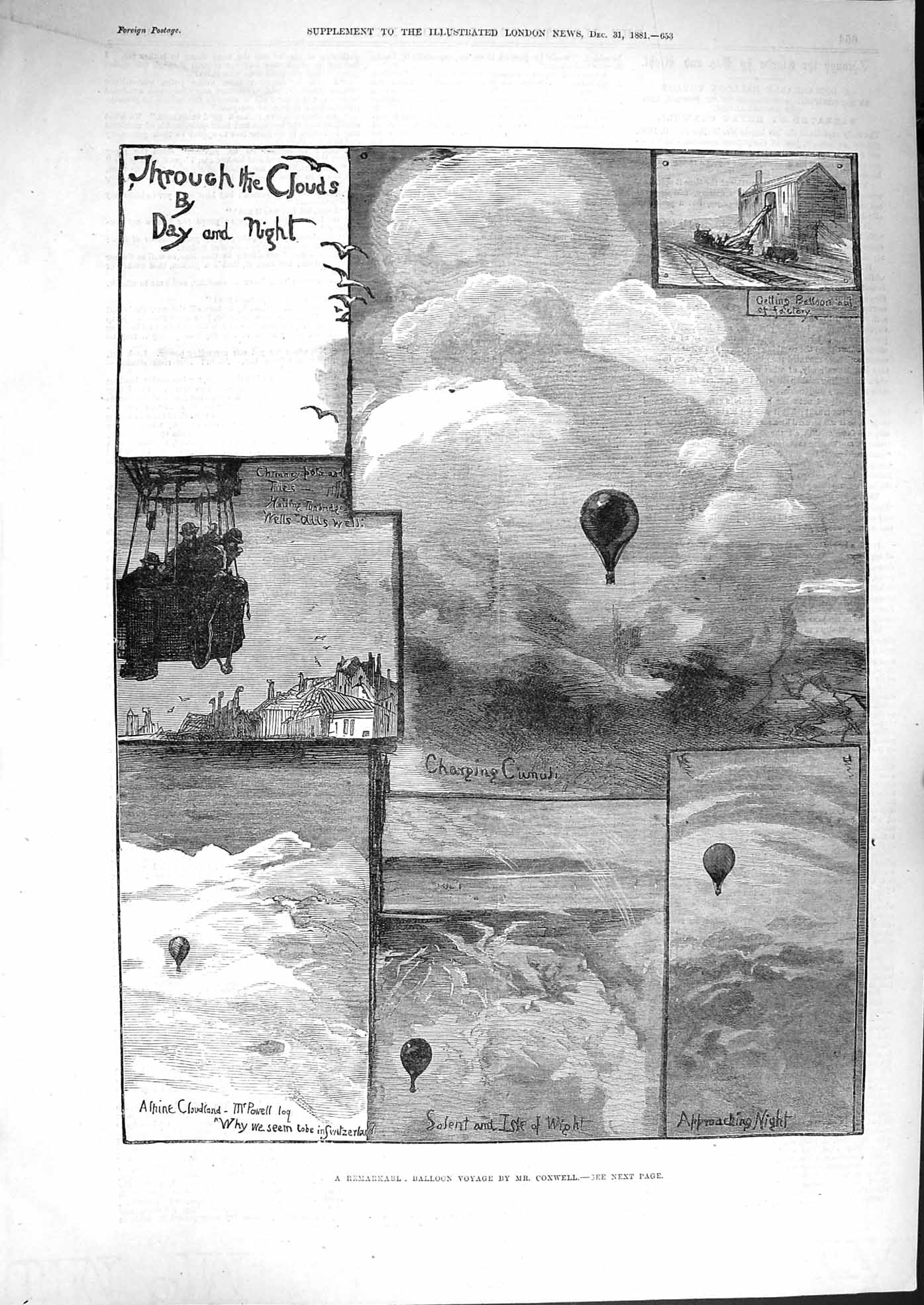 Old Antique Print 1881 Balloon Voyage Coxwell Isle Wight Edgemoor Powell 19th