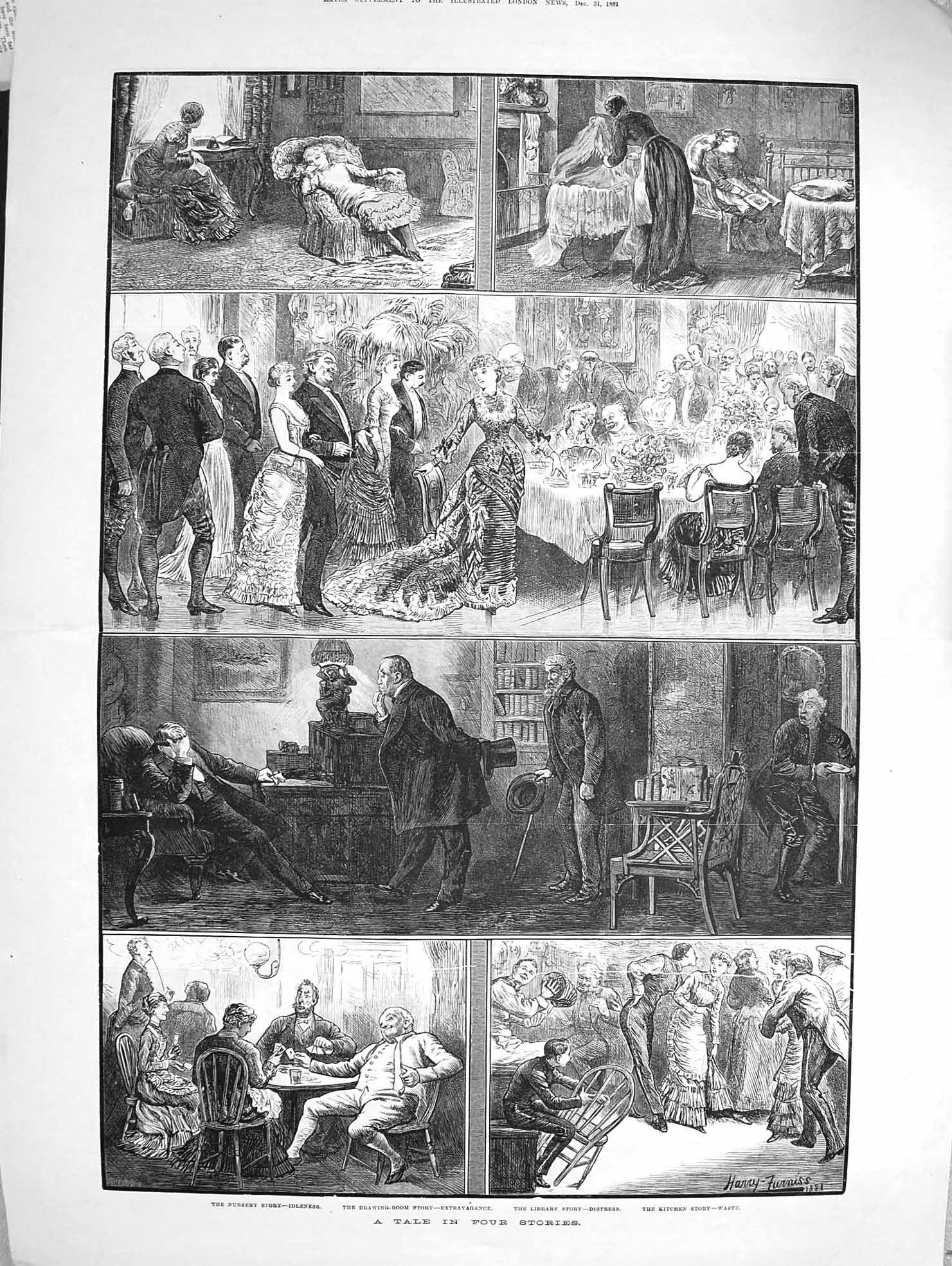 Old Antique Print 1881 Four Stories Nursey Drawing-Room Library Kitchen 19th
