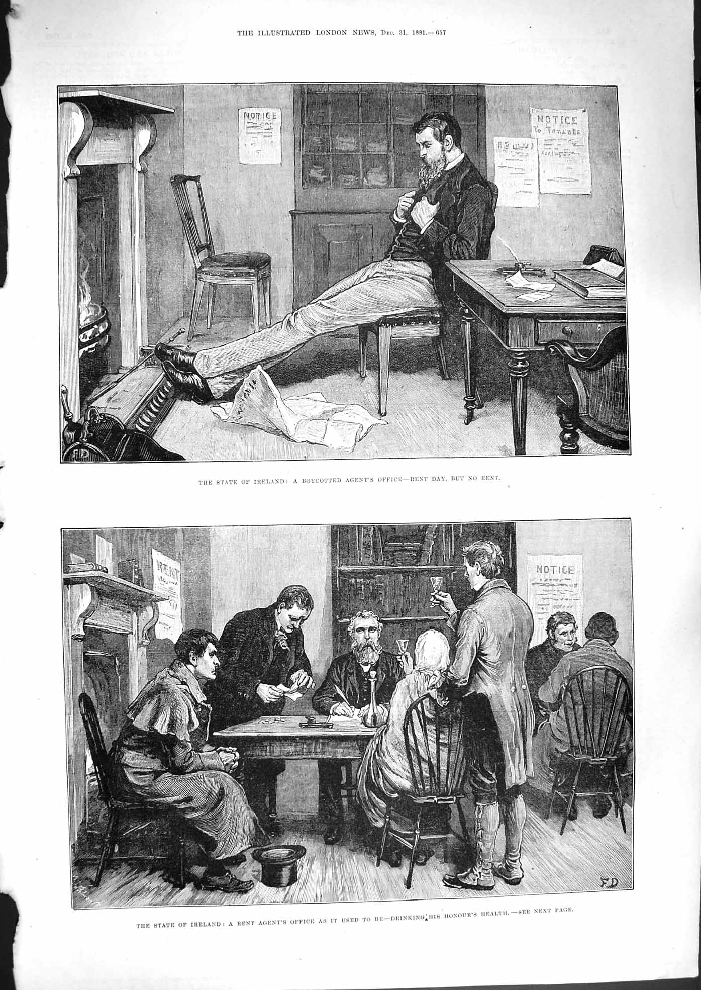 Old Antique Print 1881 Ireland Rent Agent'S Office Boycotted Men Drinking 19th
