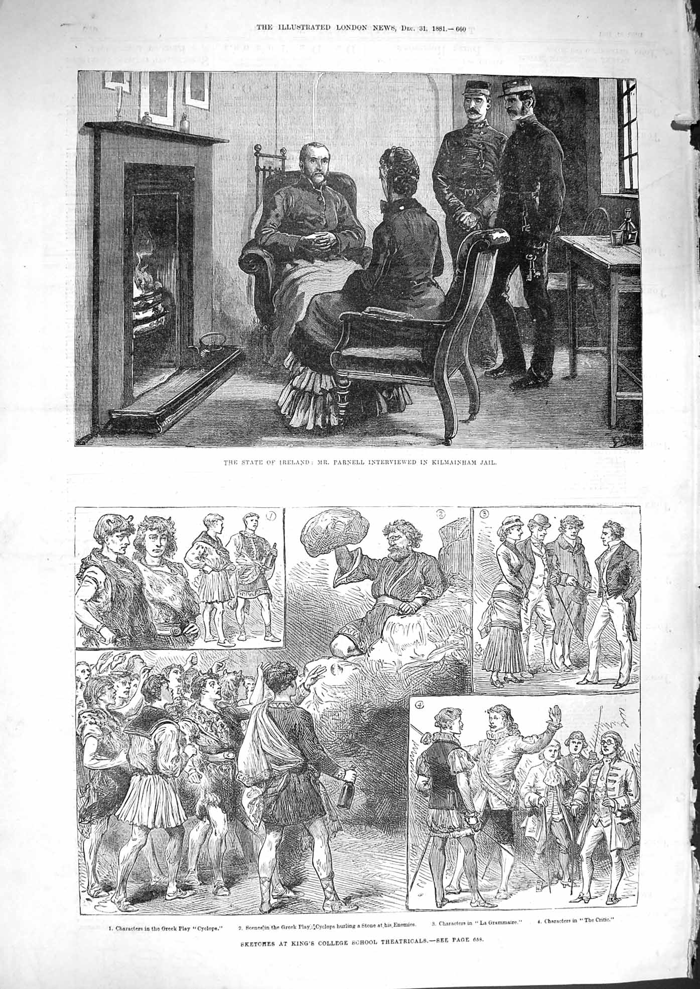 Antique Old Print *3296 1881 Ireland Parnell Kilmainham Jail King'S College