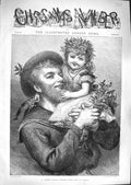 Original Old Antique Print 1881 Sweet Little Cherub Girl Sailor Holly Christmas