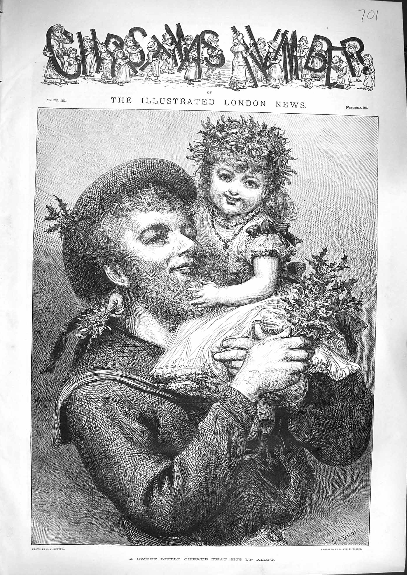 Original Old Antique Print 1881 Sweet Little Cherub Girl Sailor Holly Christmas