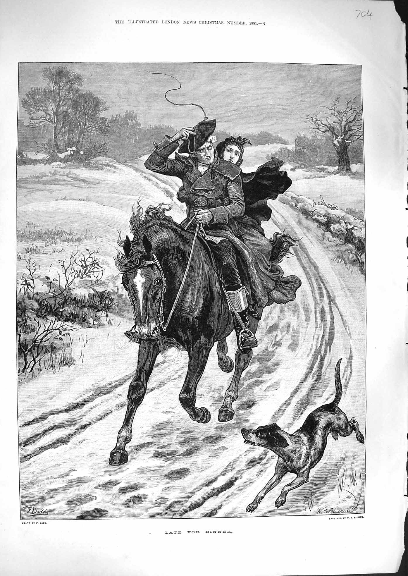 Old Antique Print 1881 Late For Dinner Man Lady Riding Horse Dog Fine Art 19th