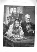 Original Old Antique Print 1881 Wandering Thoughts Man Ladies Reading Books