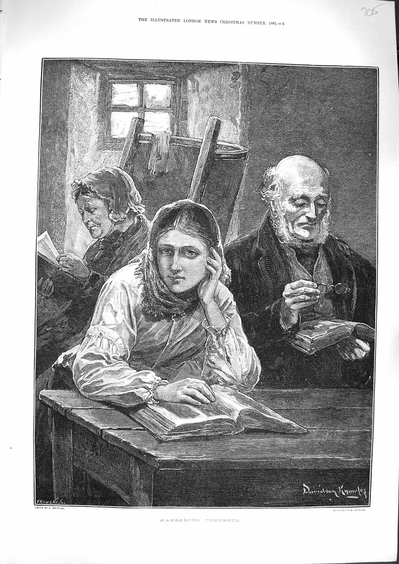 Original Old Antique Print 1881 Wandering Thoughts Man Ladies Reading Books