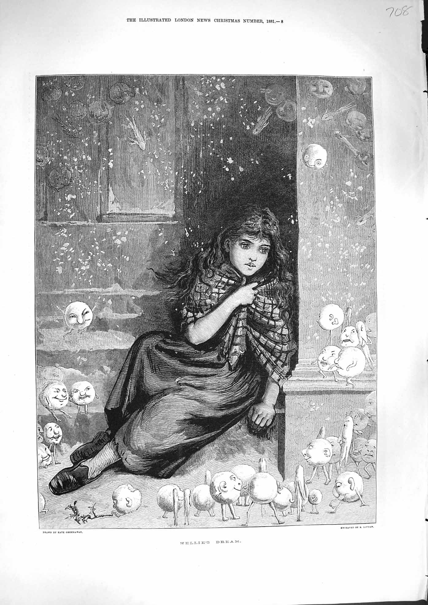 Original Old Antique Print 1881 Nellies Dream Little Girl Day Dreaming 19th