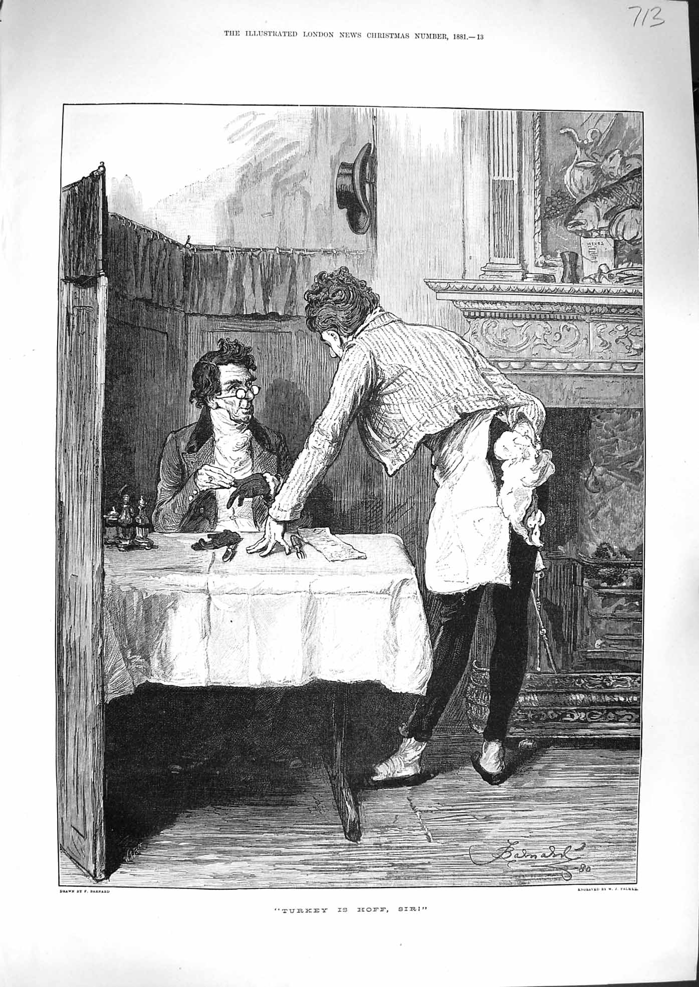 Original Old Antique Print 1881 Waiter Servant Man Table Christmas Turkey 19th