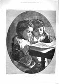 Original Old Antique Print 1881 Christmas Number Children Reading Book Story