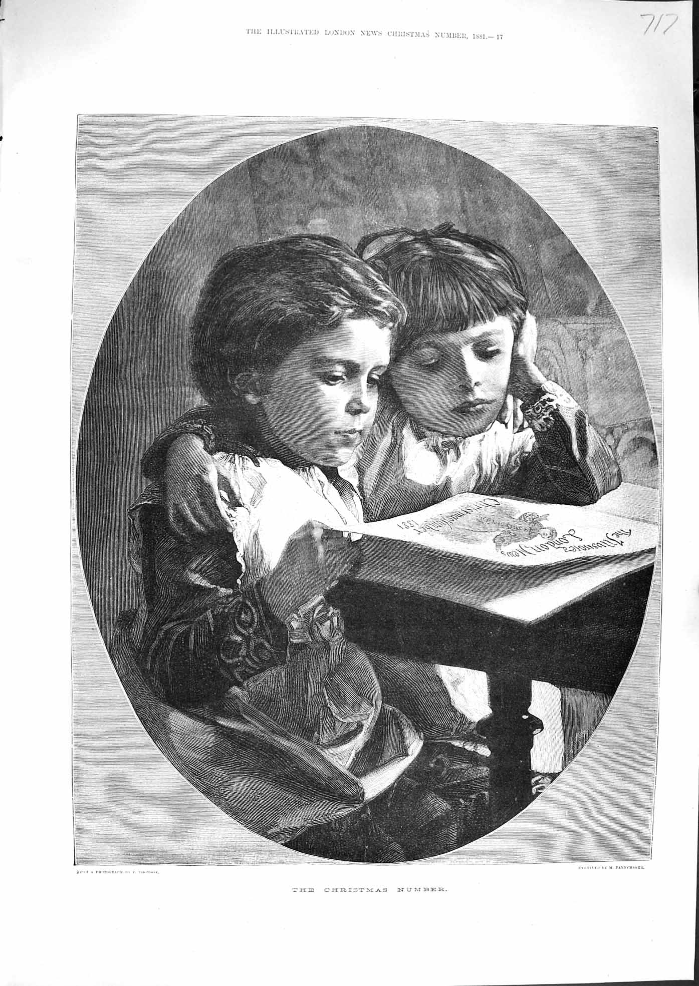 Original Old Antique Print 1881 Christmas Number Children Reading Book Story