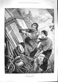Original Old Antique Print 1881 Nearing Home Stormy Sea Fishing Boat Ropes Ship
