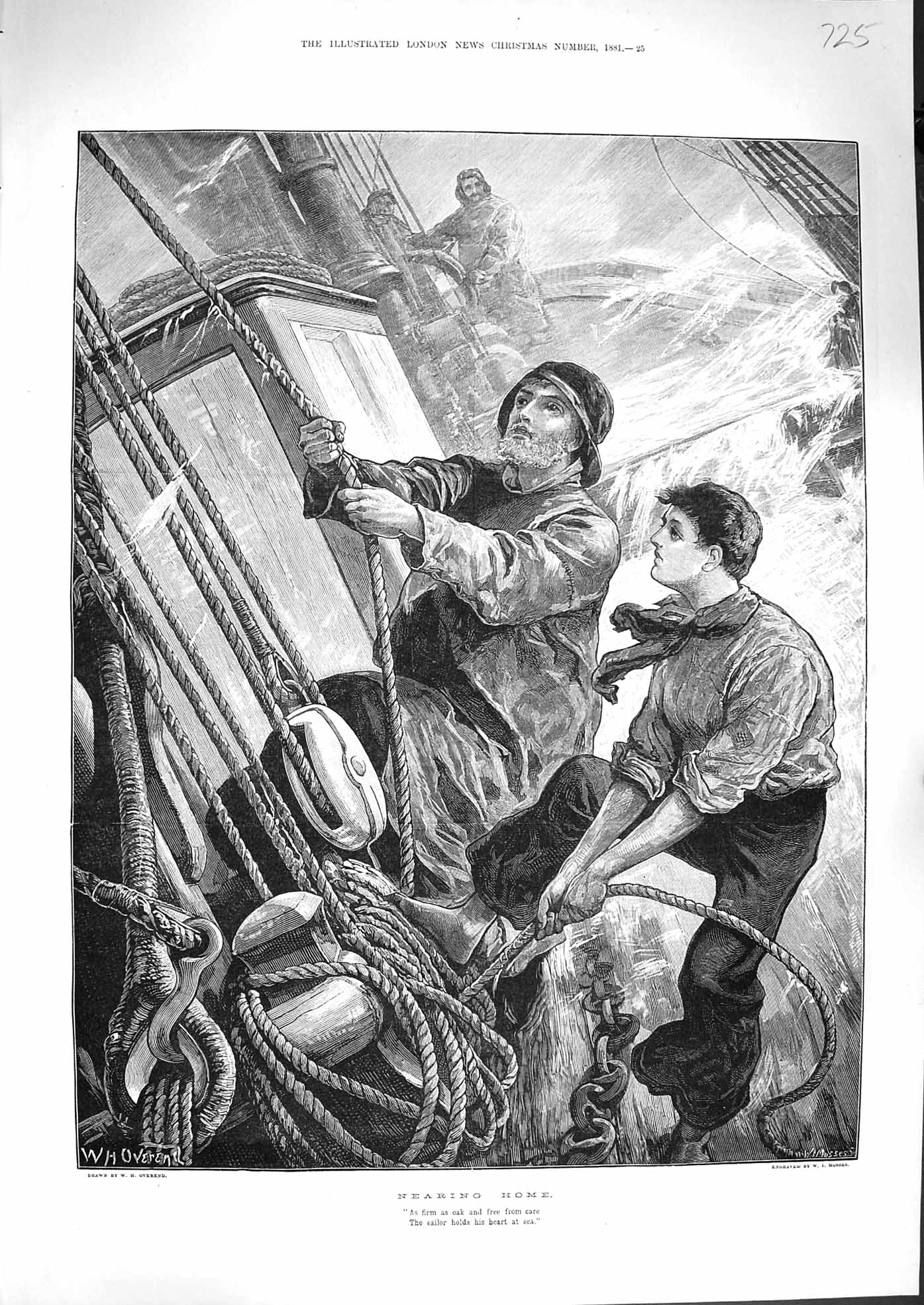 Original Old Antique Print 1881 Nearing Home Stormy Sea Fishing Boat Ropes Ship