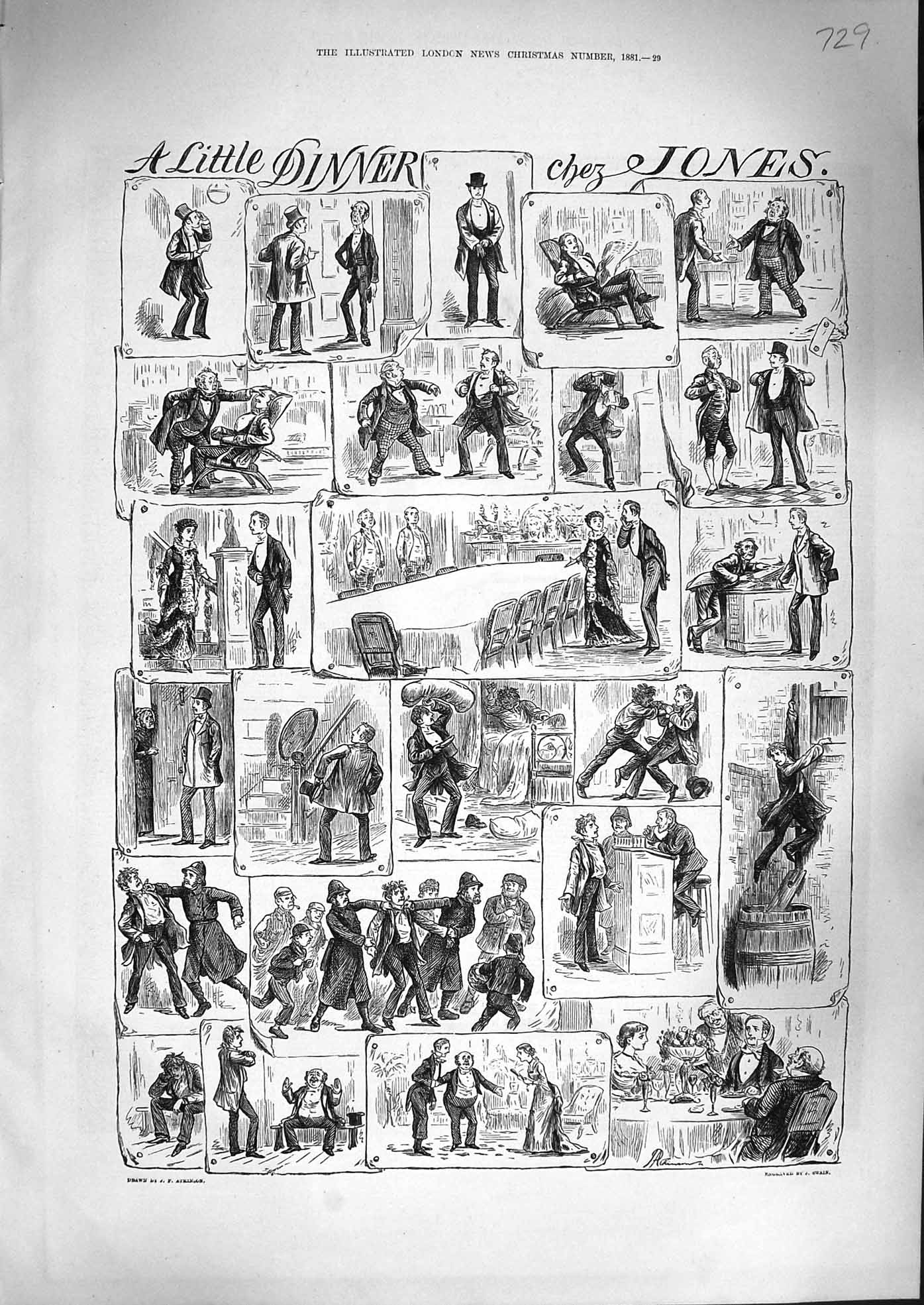 Original Old Antique Print 1881 Little Dinner Chez Jones Policeman Arrest Scene
