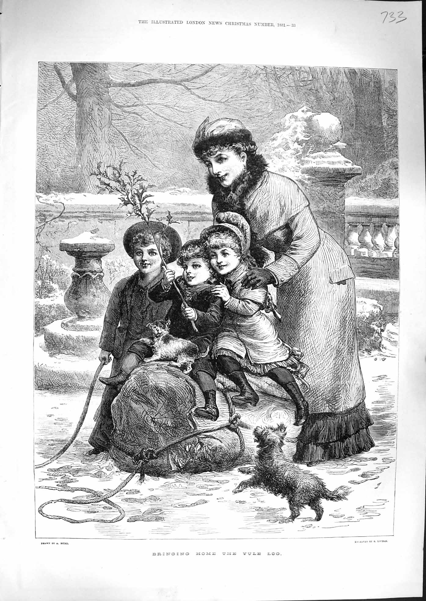 Old Antique Print 1881 Children Mother Bringing Home Yule Log Christmas 19th