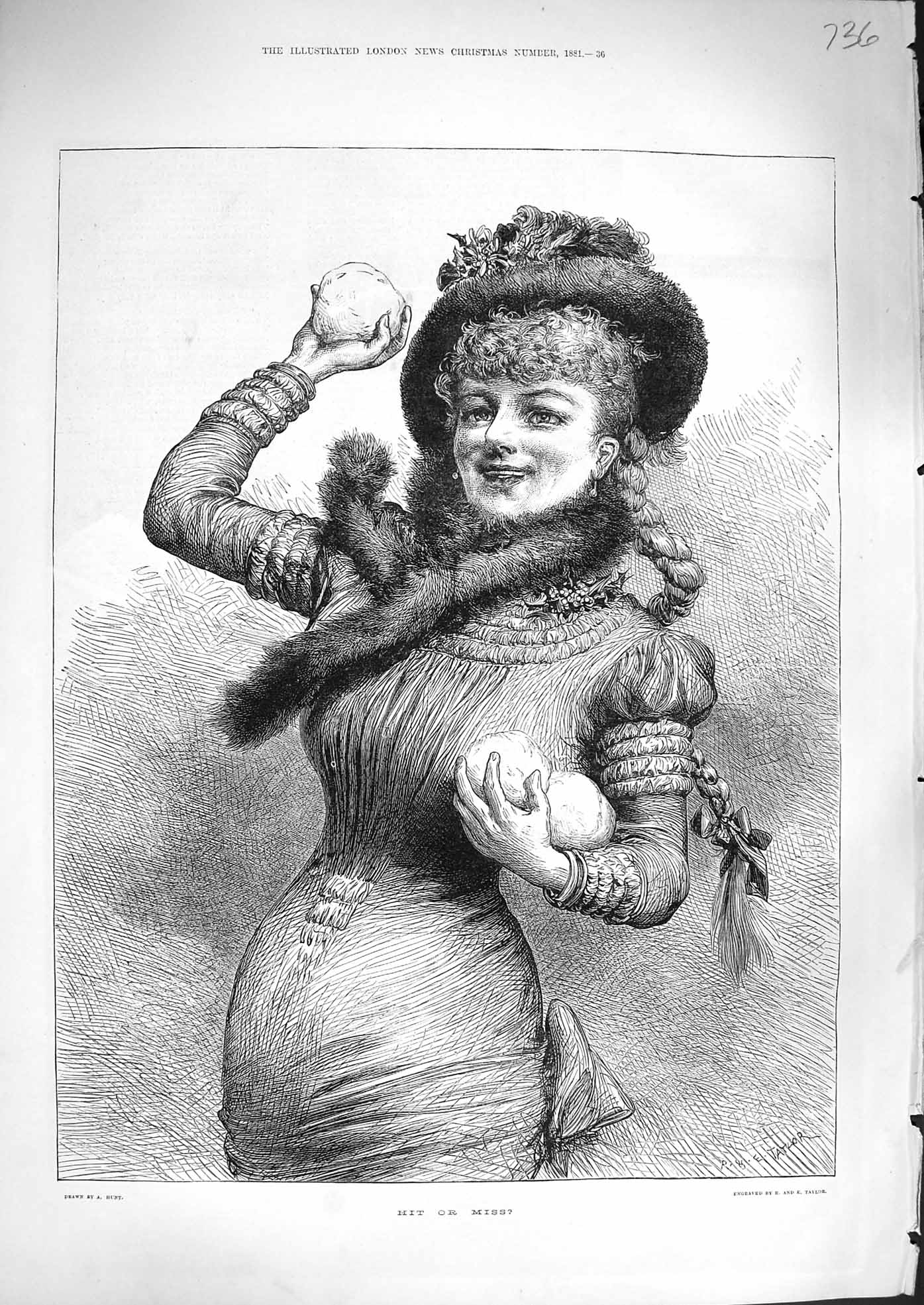 Original Old Antique Print 1881 Hit Miss Winter Scene Lady Snowball Victorian