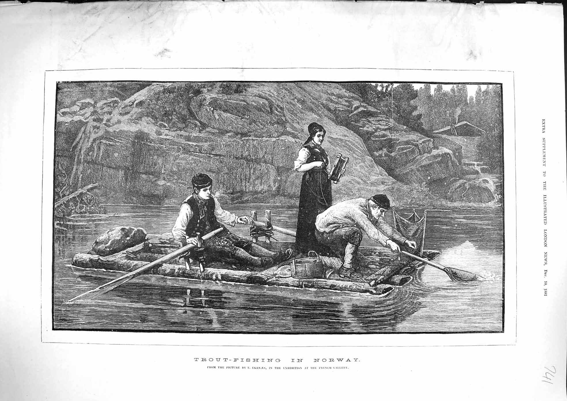 Old Antique Print 1881 Trout Fishing Norway Fish Boat Nets River Fine Art 19th
