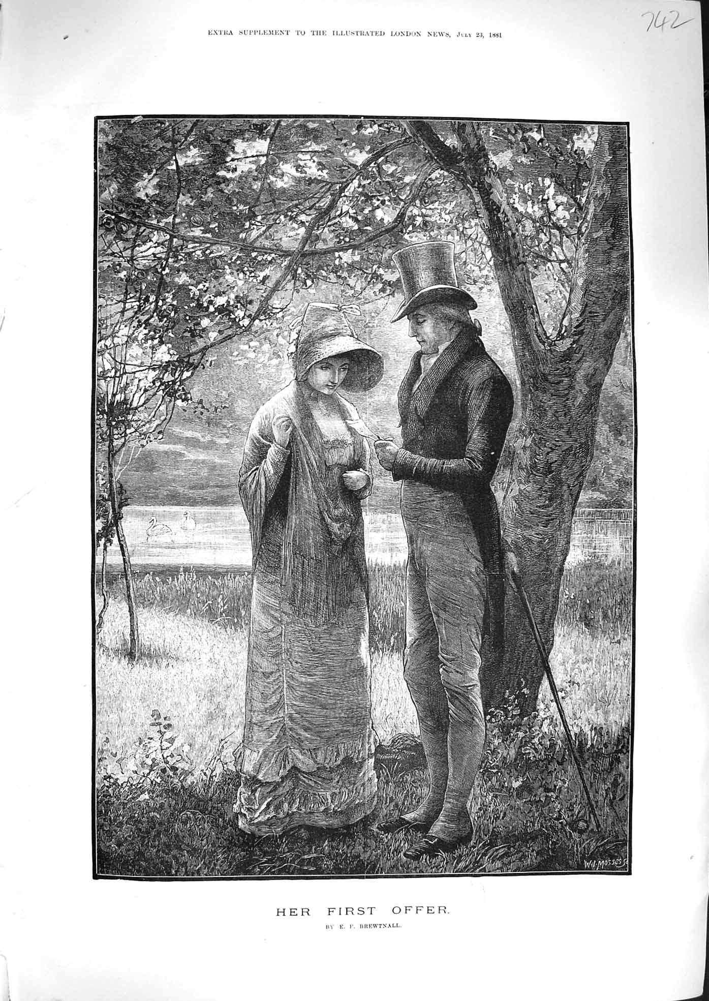 Old Antique Print 1881 Her First Offer Man Lady Romance Lake Swan Trees 19th