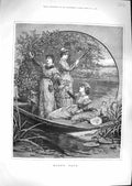 Original Old Antique Print 1881 Happy Days Ladies River Boat Davidson Knowles