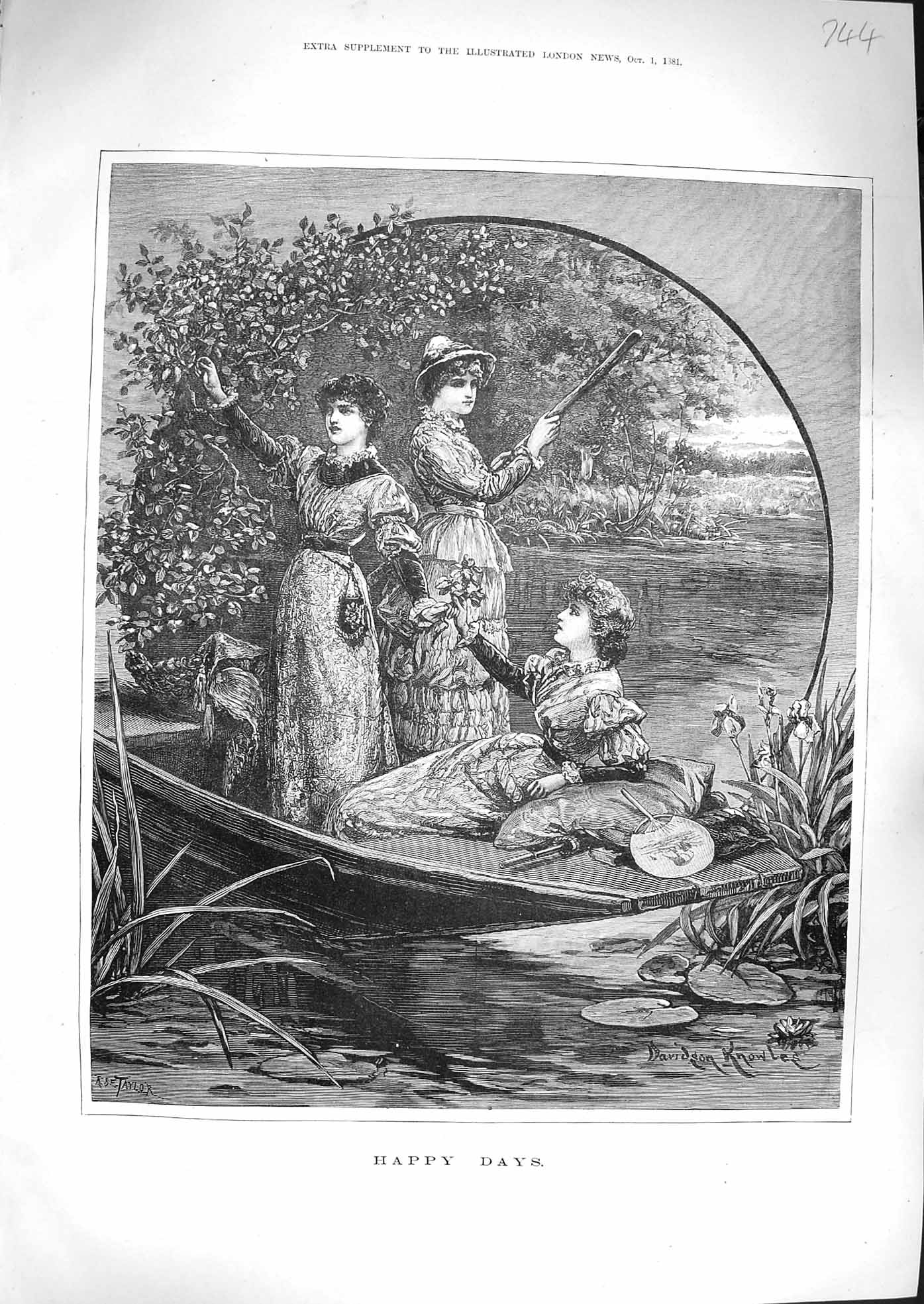 Original Old Antique Print 1881 Happy Days Ladies River Boat Davidson Knowles