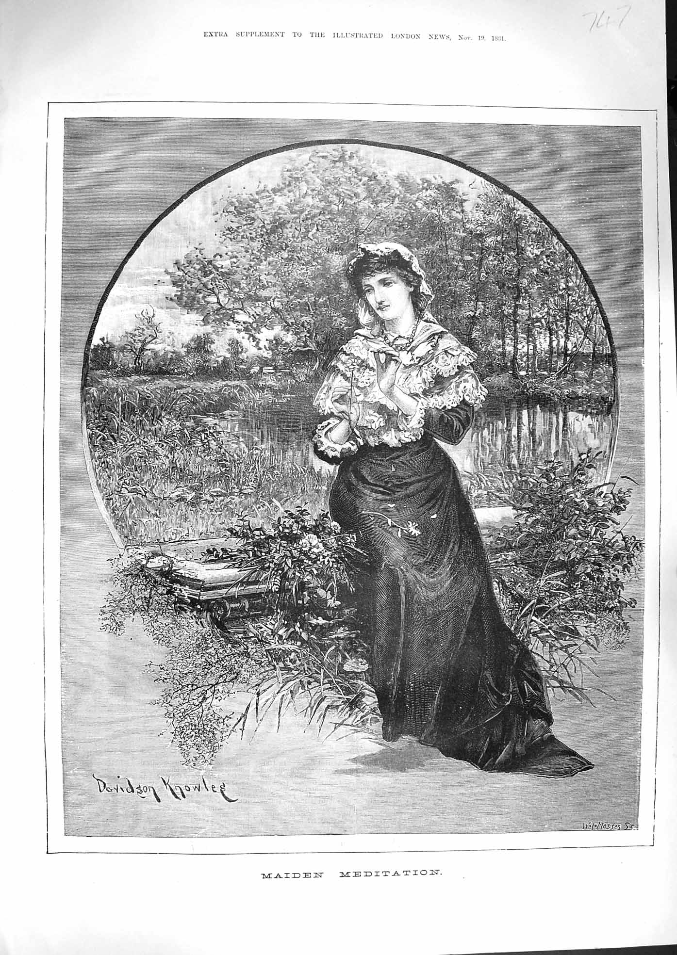 Original Old Antique Print 1881 Portrait Maiden Meditation Lady Woman Victorian
