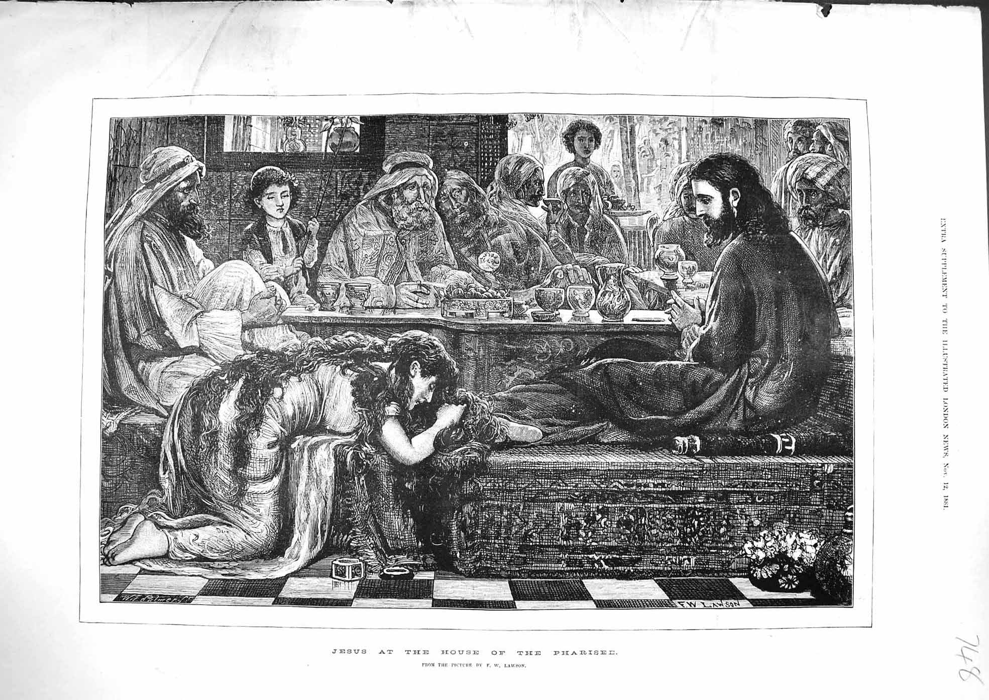 Original Old Antique Print 1881 Scene Jesus House Pharisee Lawson Victorian
