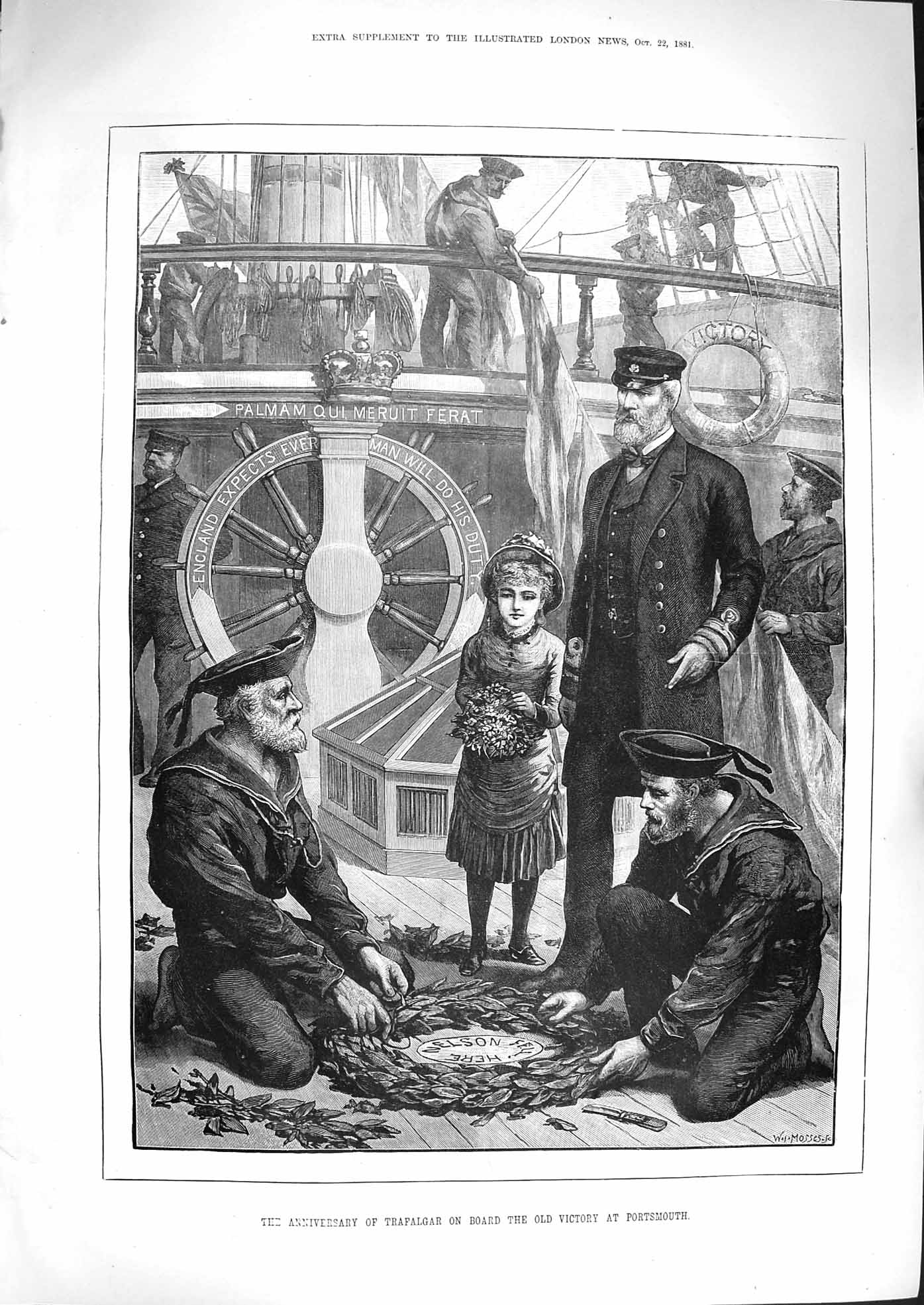 Original Old Antique Print 1881 Victory Ship Portsmouth Trafalgar Anniversary