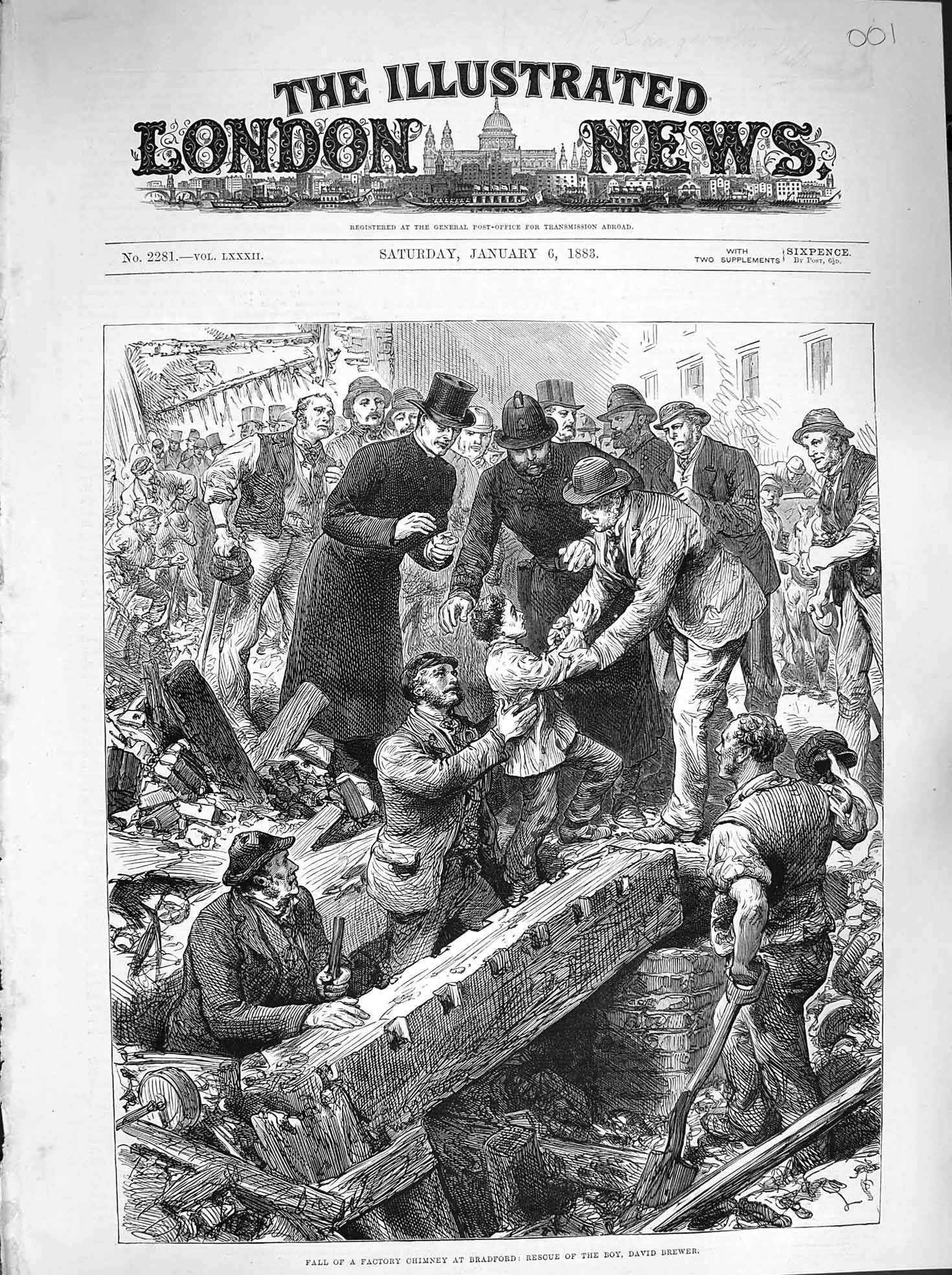 Original Old Antique Print 1883 Fall Factory Chimney Bradford David Brewer 19th