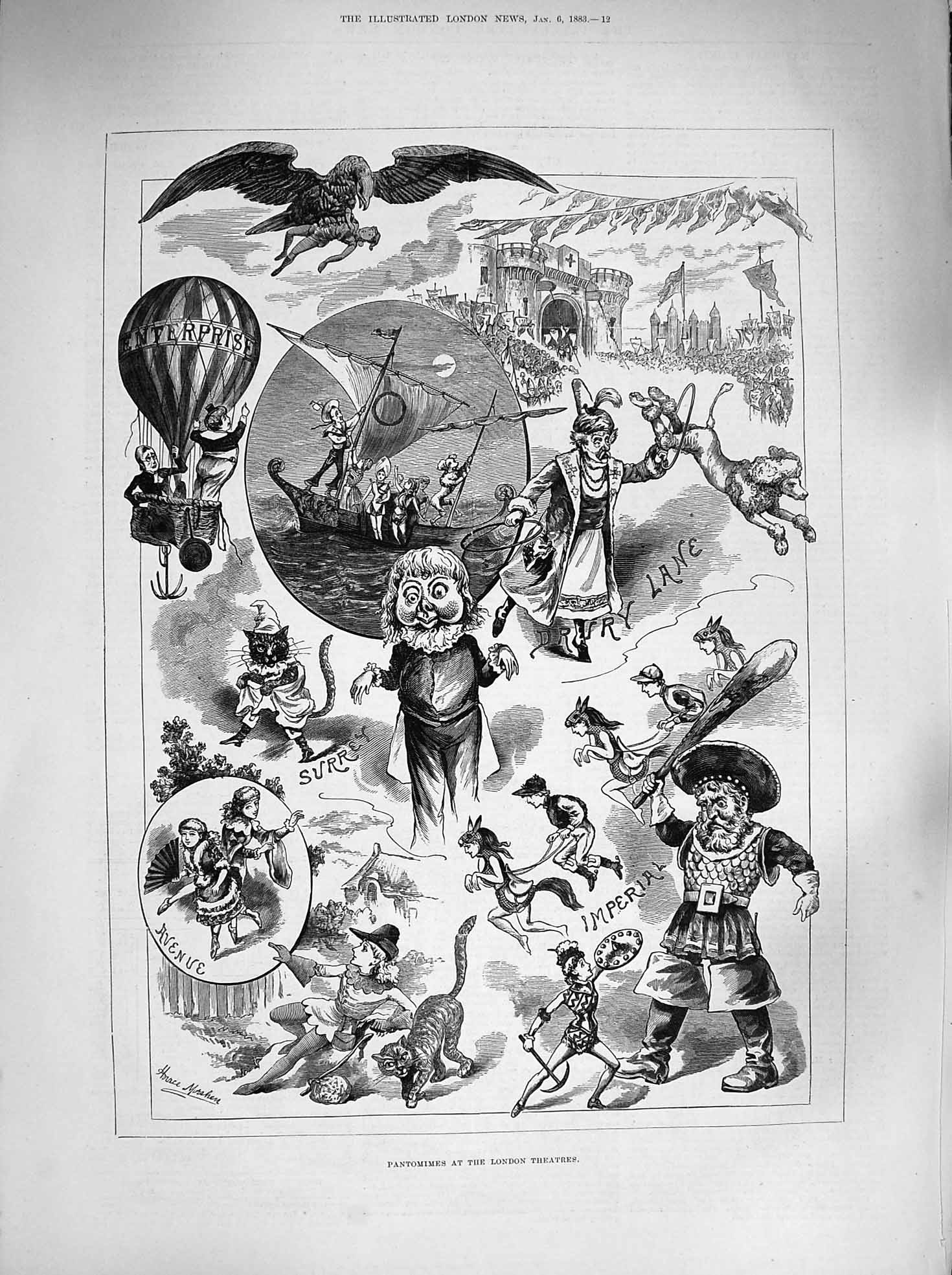 Original Old Antique Print 1883 Pantomimes London Theatre Imperial Surrey Drury