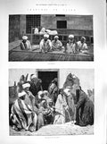 Original Old Antique Print 1883 Cairo Egypt Mat-Makers Dance Stick Music People