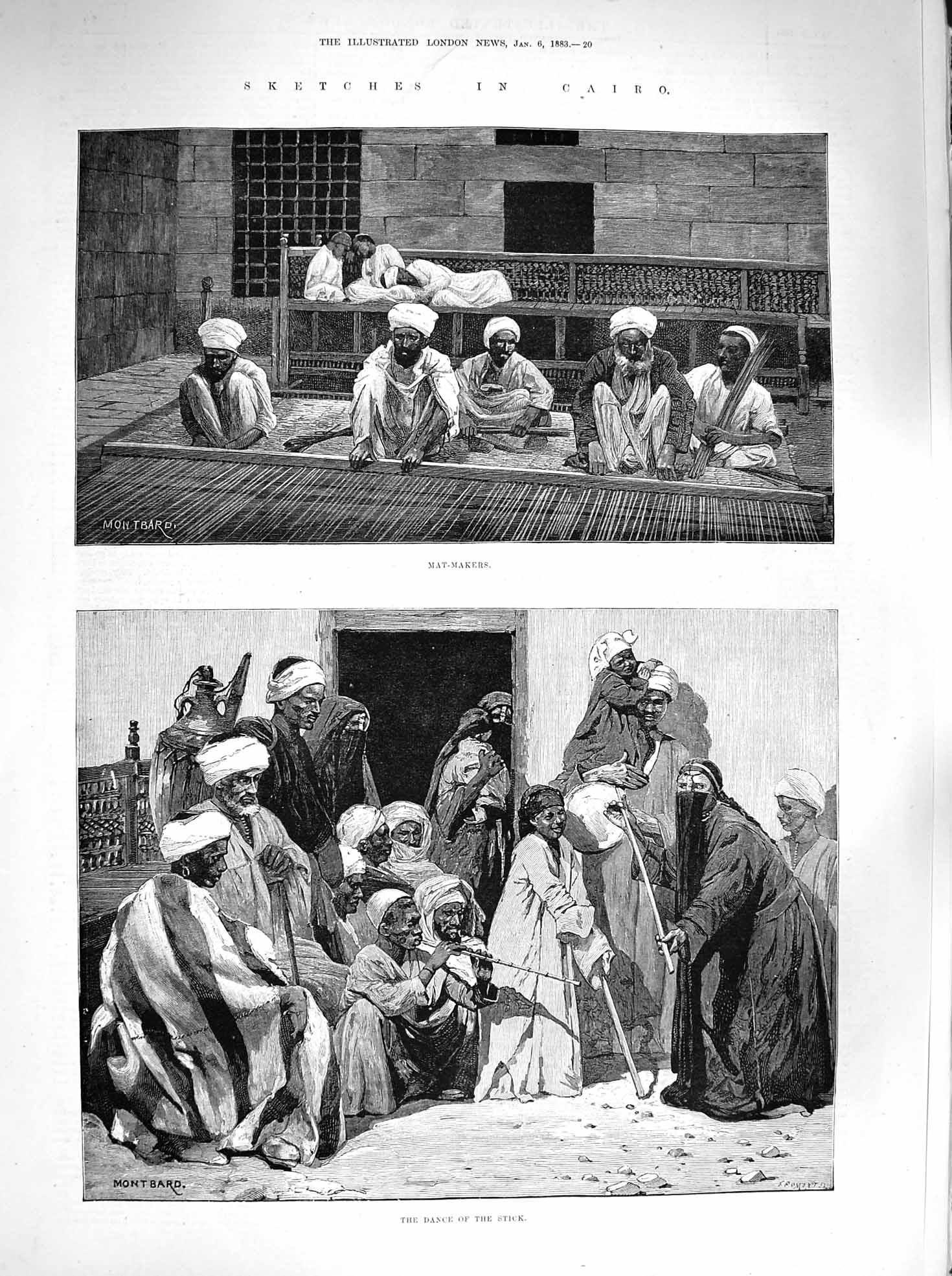 Original Old Antique Print 1883 Cairo Egypt Mat-Makers Dance Stick Music People