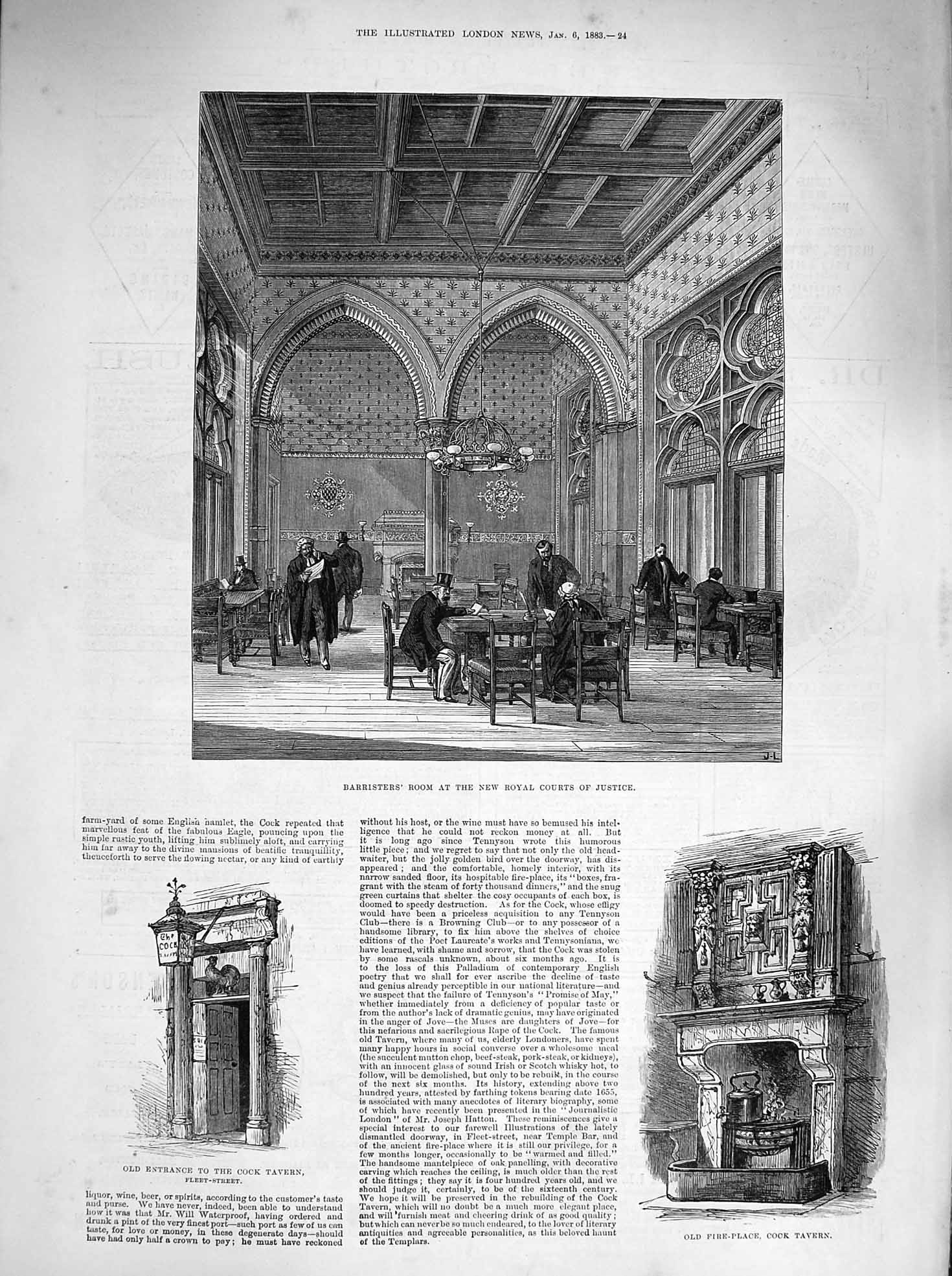 Antique Old Print *3364 1883 Barristers Room Royal Courts Justice Cock Tavern