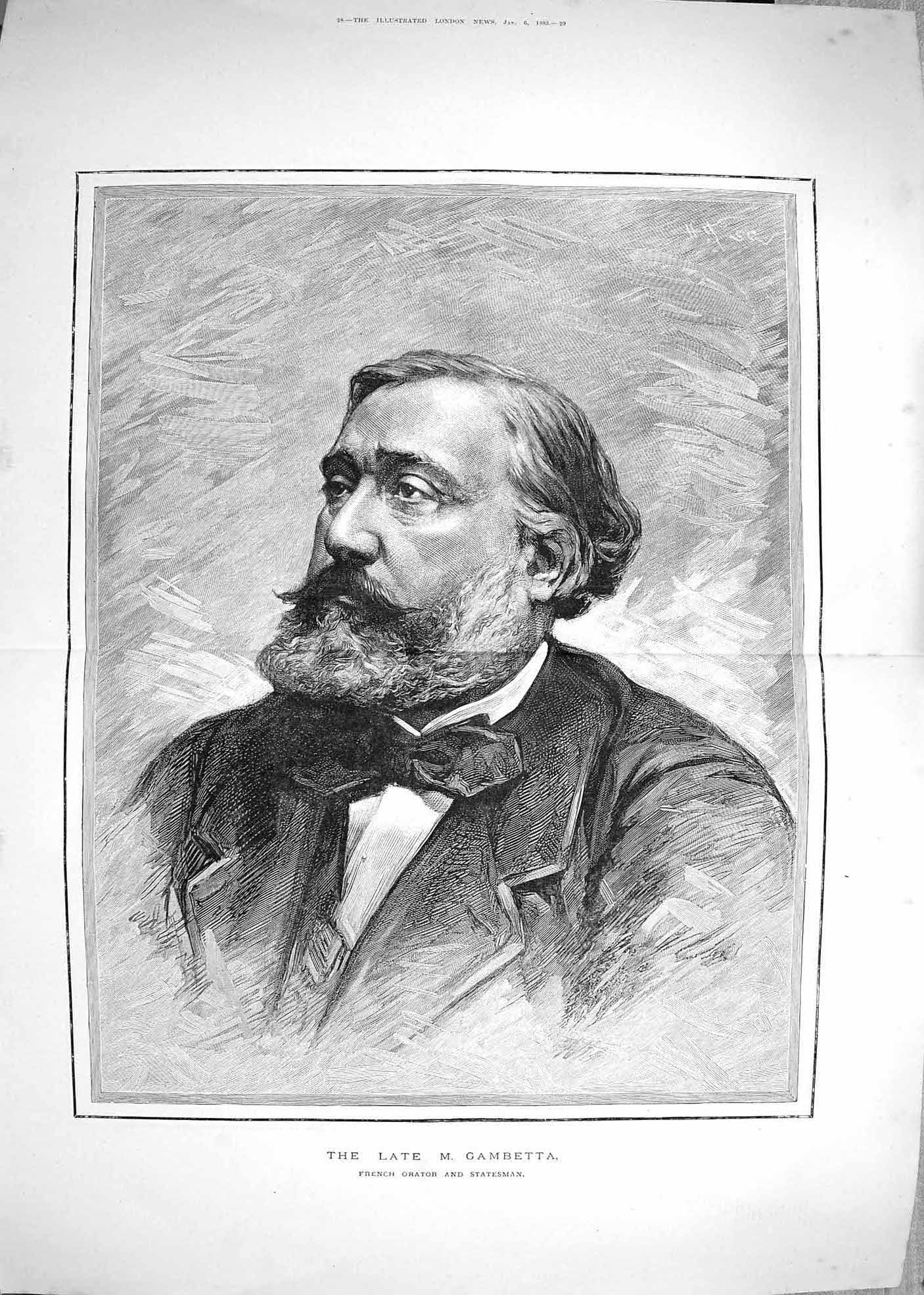 Original Old Antique Print 1883 Portrait Gambetta French Orator Statesman 0 19th