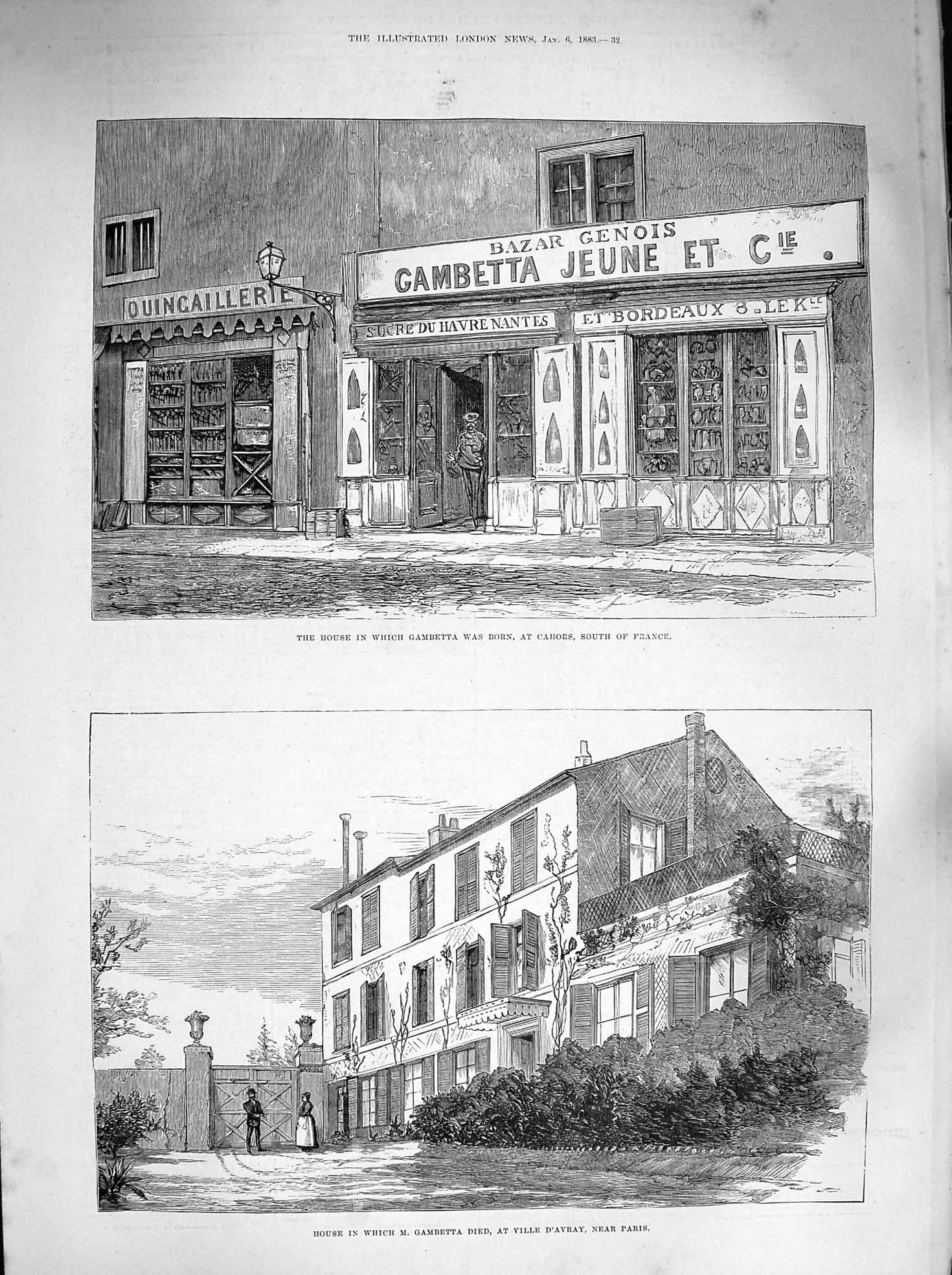 Original Old Antique Print 1883 Houe Gambetta Cahors France Ville D'Avray Paris