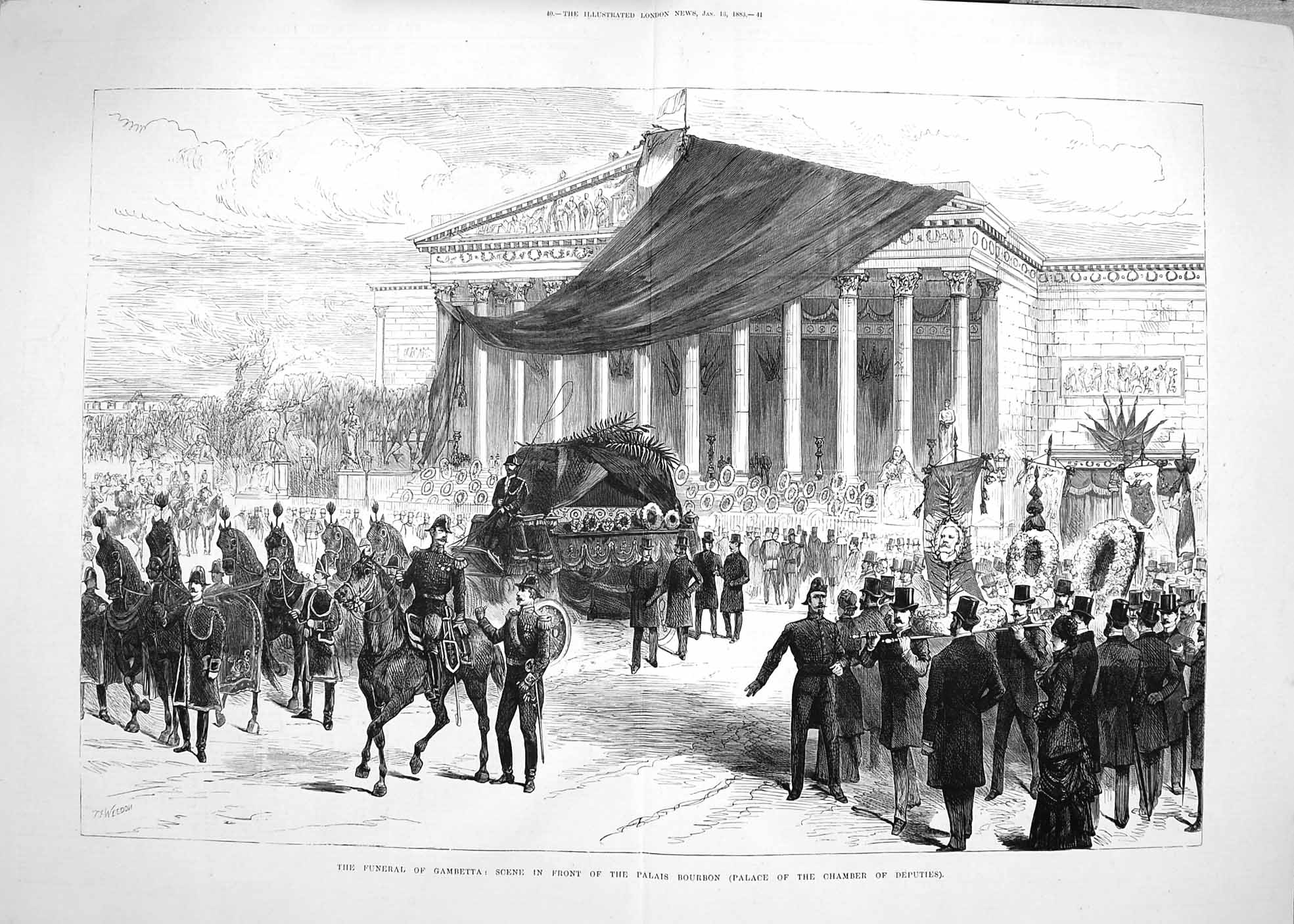 Old Antique Print 1883 Funeral Gambetta Chaise Cemetery Palais Bourbon 0 19th