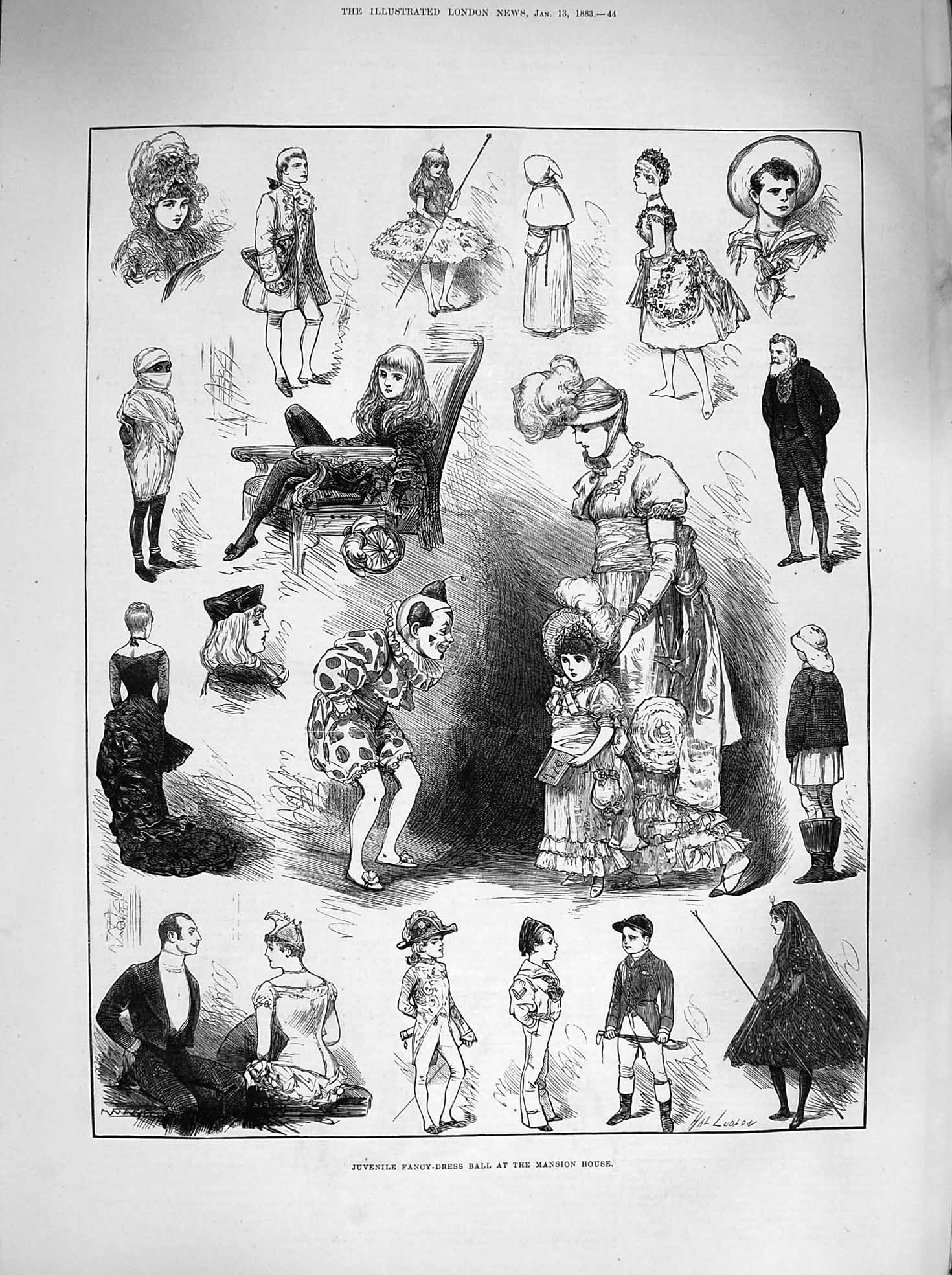 Old Antique Print 1883 Juvenile Fancy Dress Ball Mansion House Children 19th