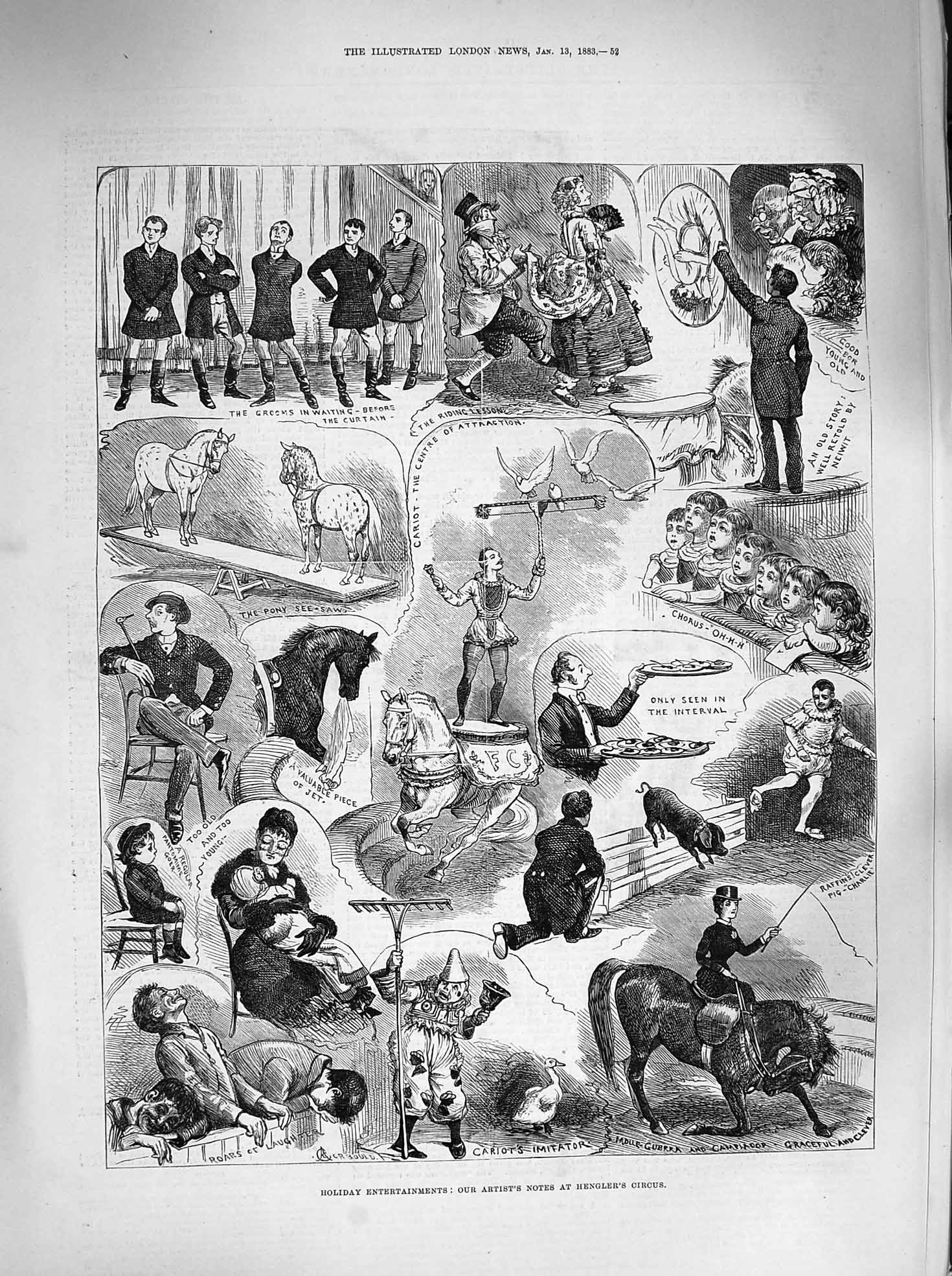 Old Antique Print 1883 Holiday Entertainment Hengler'S Circus Horses Pig 19th