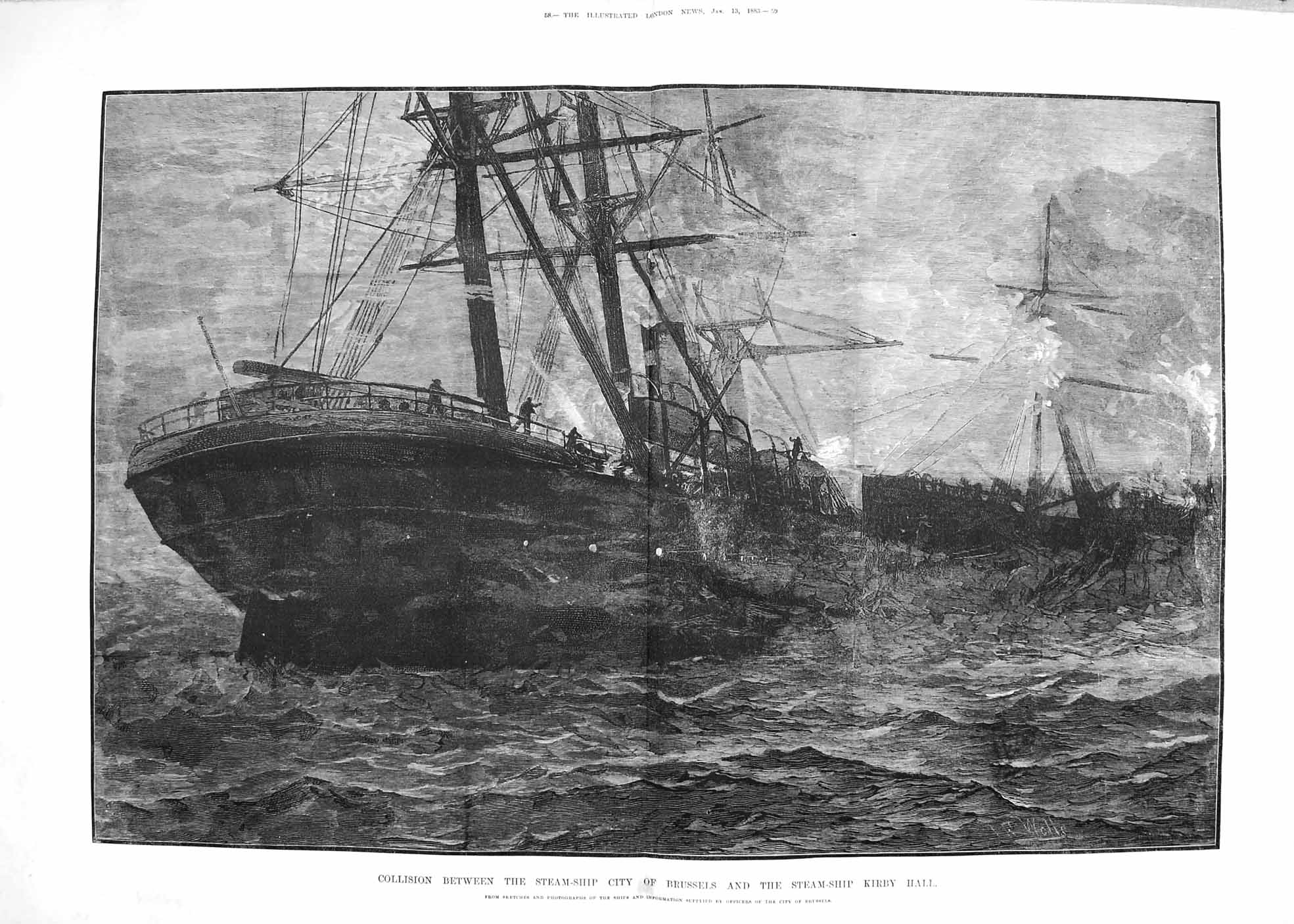 Original Old Antique Print 1883 Collision Steam Ship City Brussels Kirby Hall 0