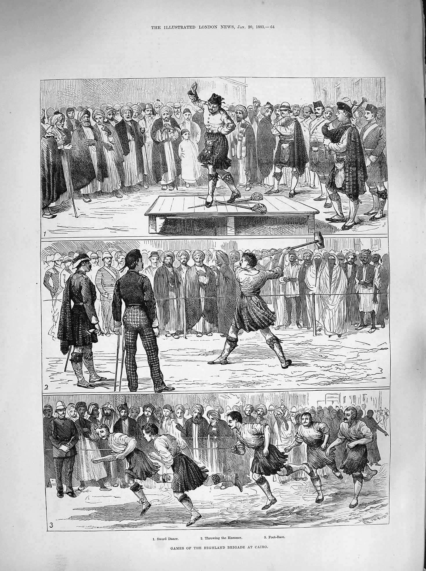 Original Old Antique Print 1883 Games Highland Brigade Cairo Egypt Hammer Sword