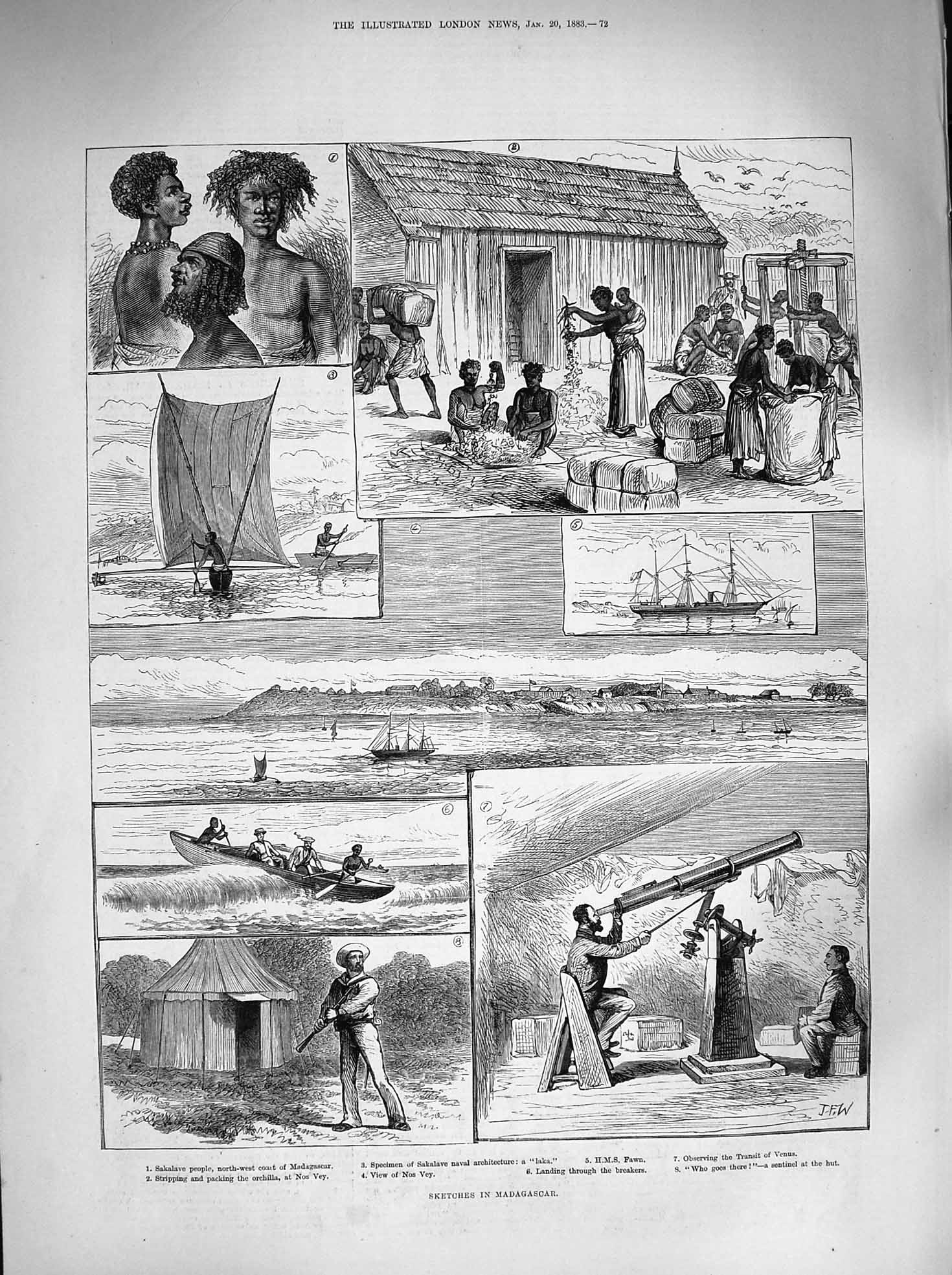 Original Old Antique Print 1883 Madagascar Nos Vey Ship Fawn Telescope Sakalave