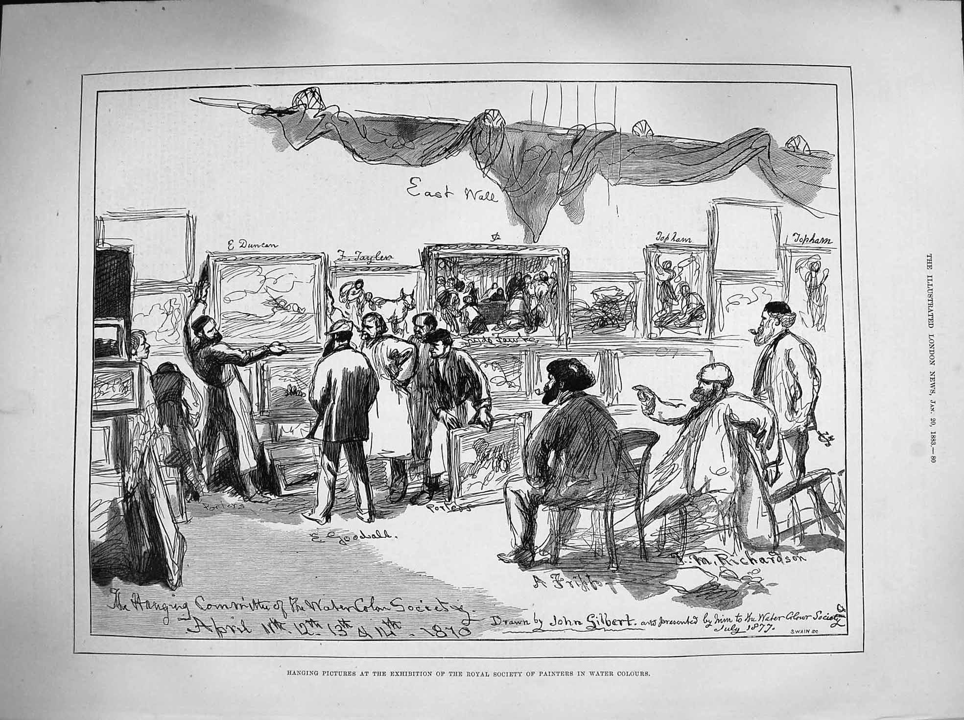 Old Antique Print 1883 Hanging Pictures Exhibition Royal Society Painters 19th