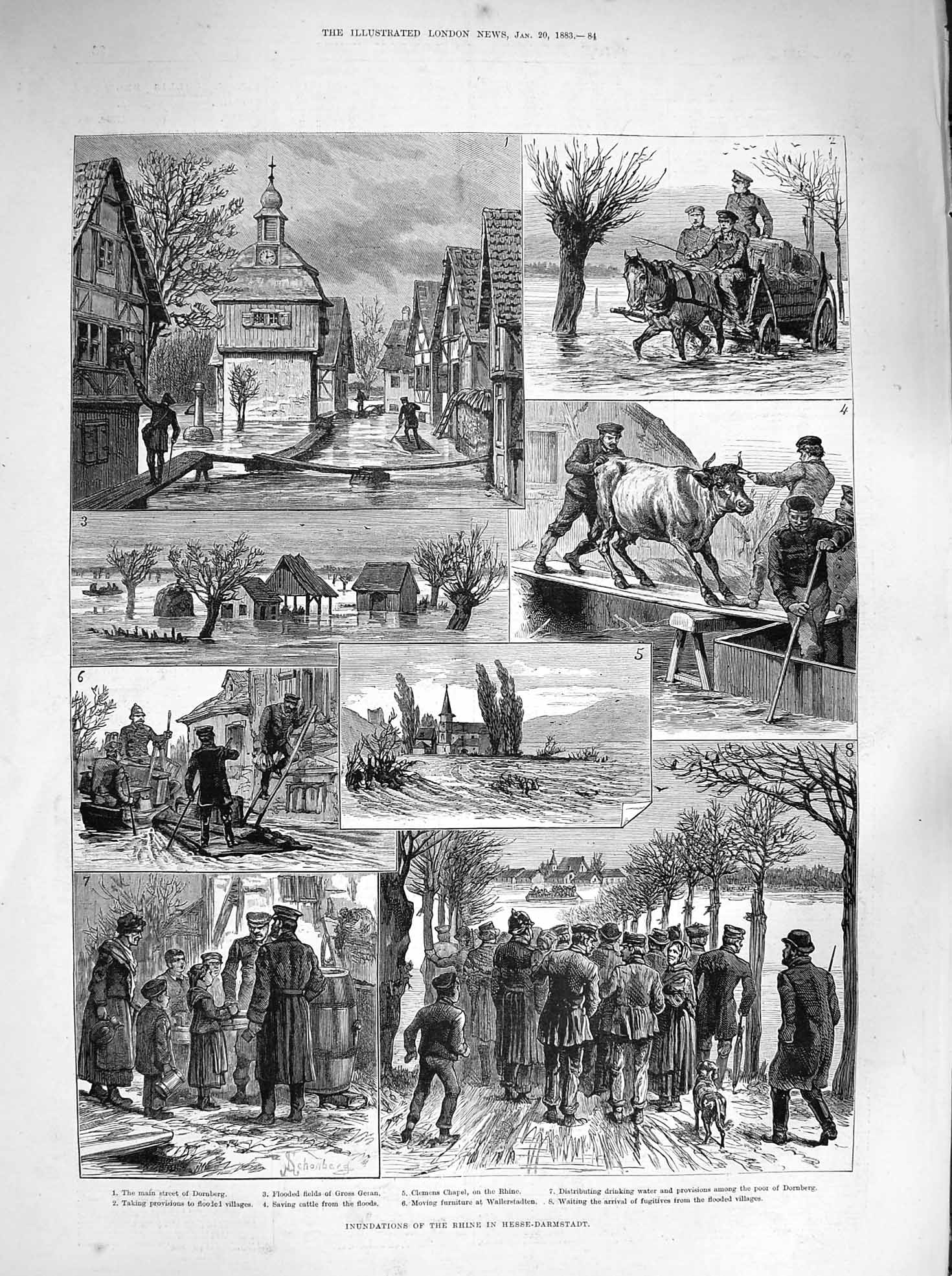 Original Old Antique Print 1883 Inundations River Rhine Floods Hesse-Darmstadt