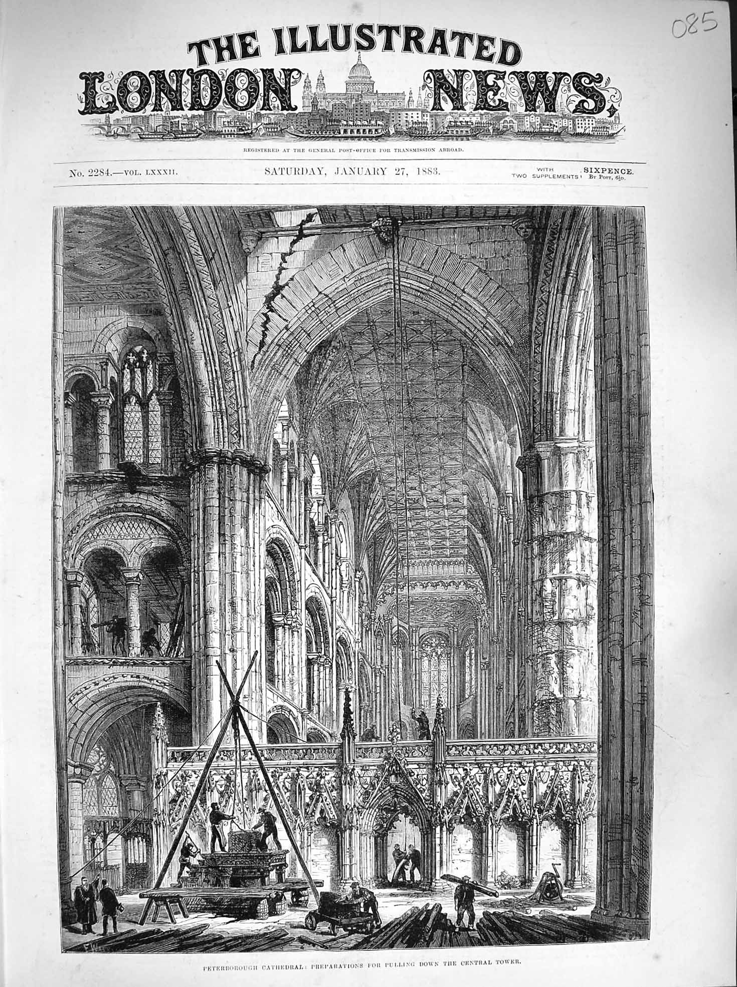 Old Antique Print 1883 Peterborough Cathedral Pulling Down Central Tower 19th