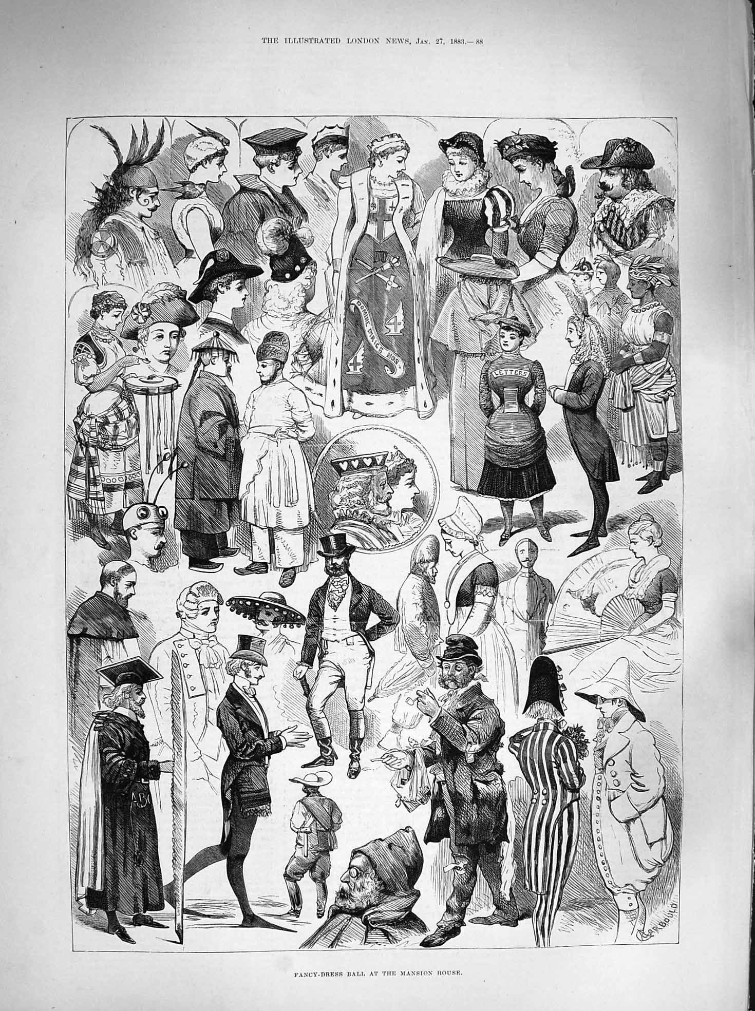 Original Old Antique Print 1883 Fancy Dress Ball Costumes Mansion House London