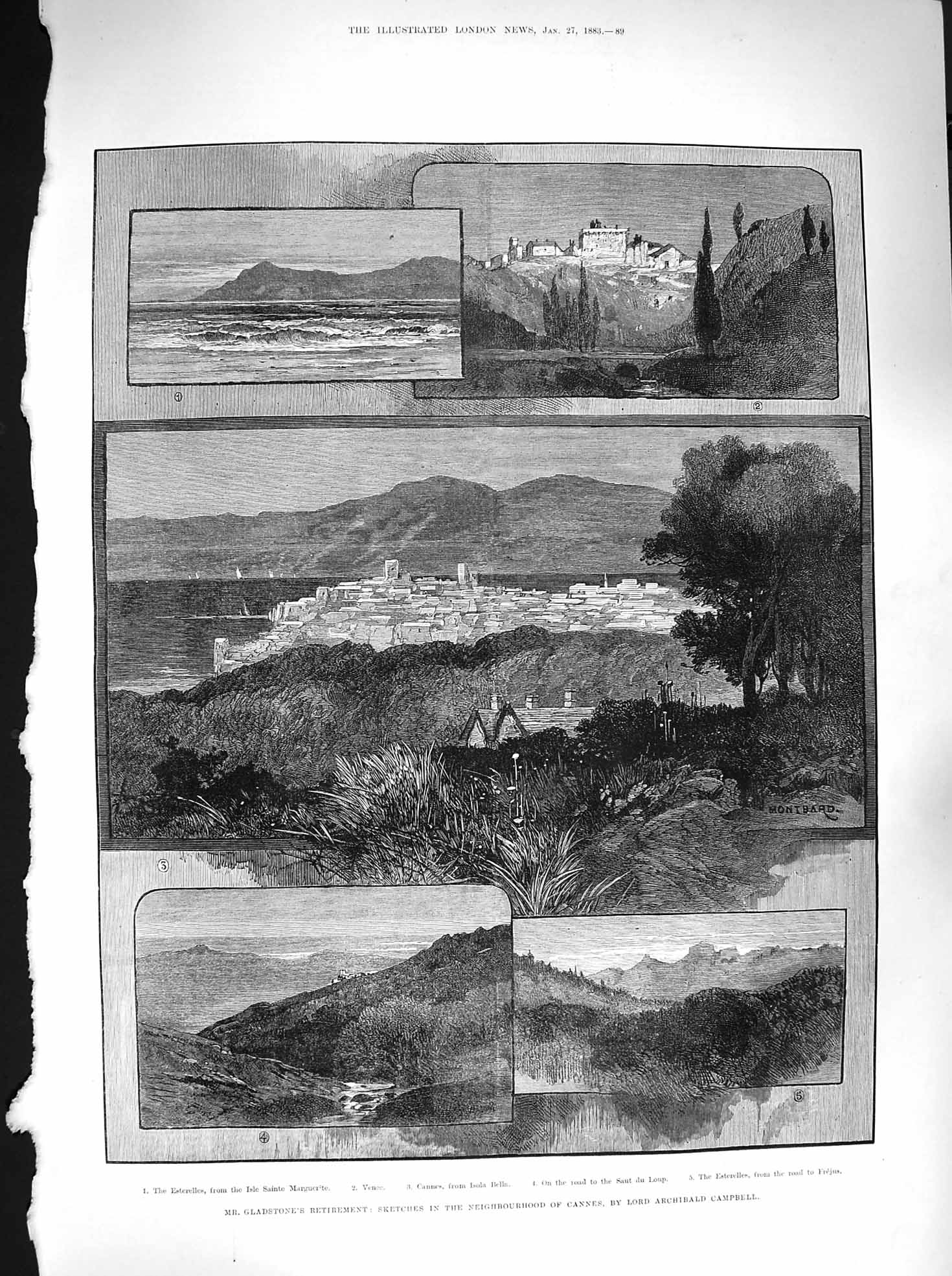 Original Old Antique Print 1883 Gladstone Cannes Esterelles Isola Bella France