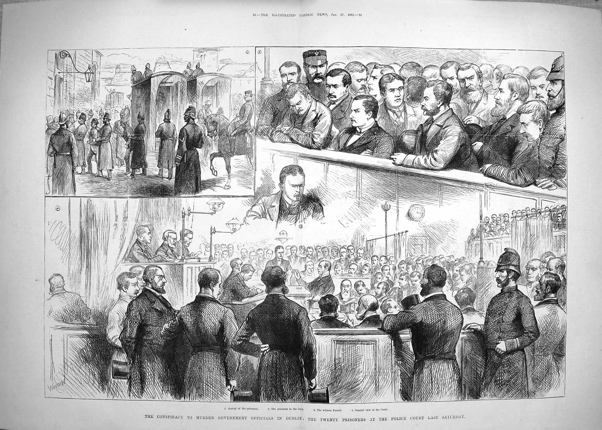 Original Old Antique Print 1883 Prisoners Police Court Dublin Farrell Murder 0