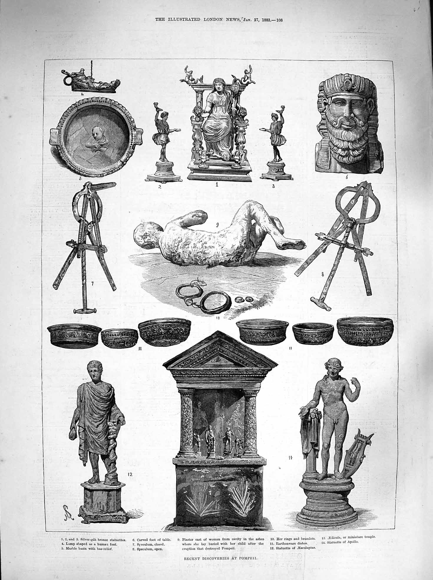 Original Old Antique Print 1883 Pompeii Archaeology Aedicula Speculum Apollo
