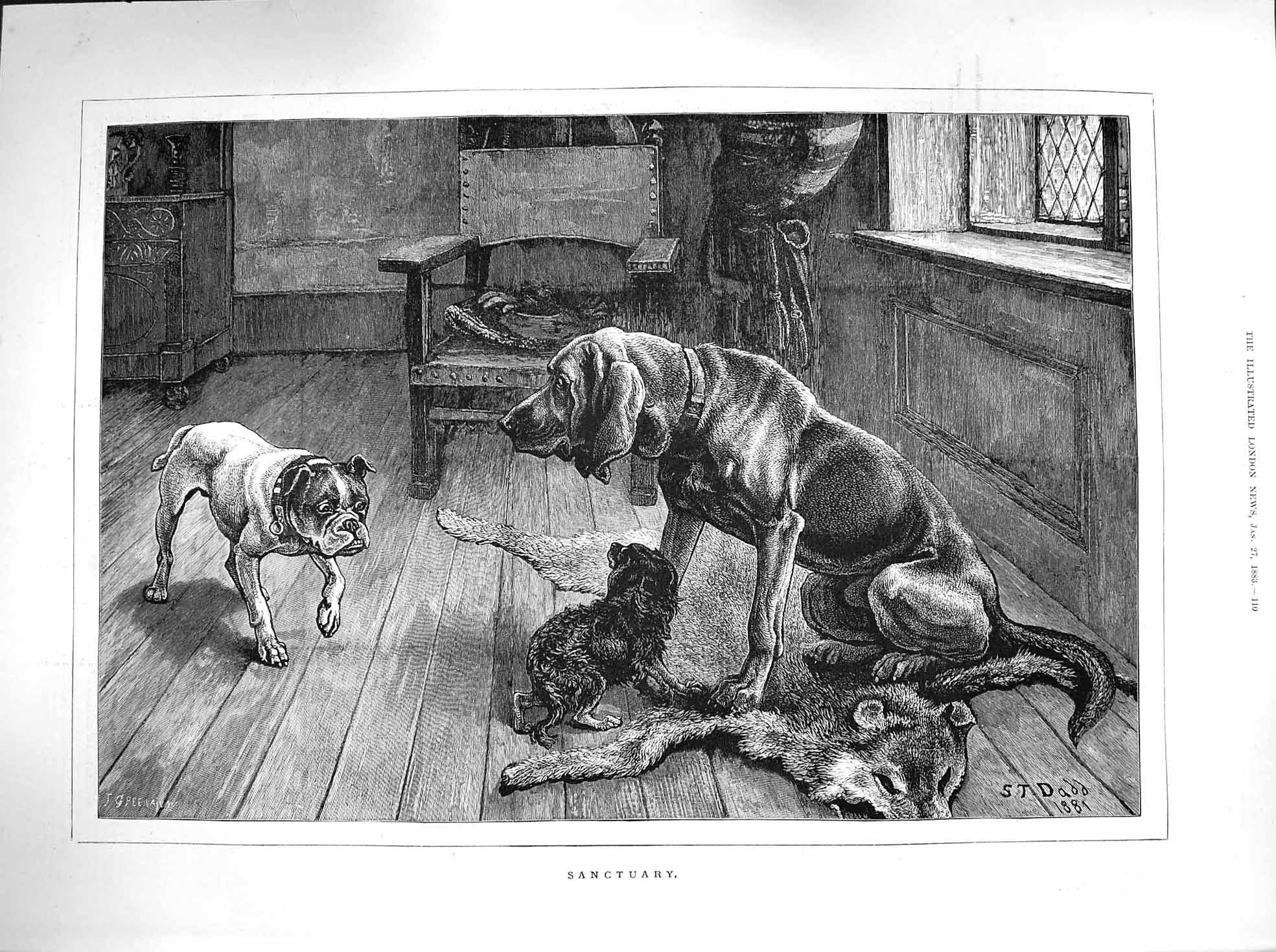 Original Old Antique Print 1883 Sanctuary Puppy Dogs Animals Pets Dadd Fine Art